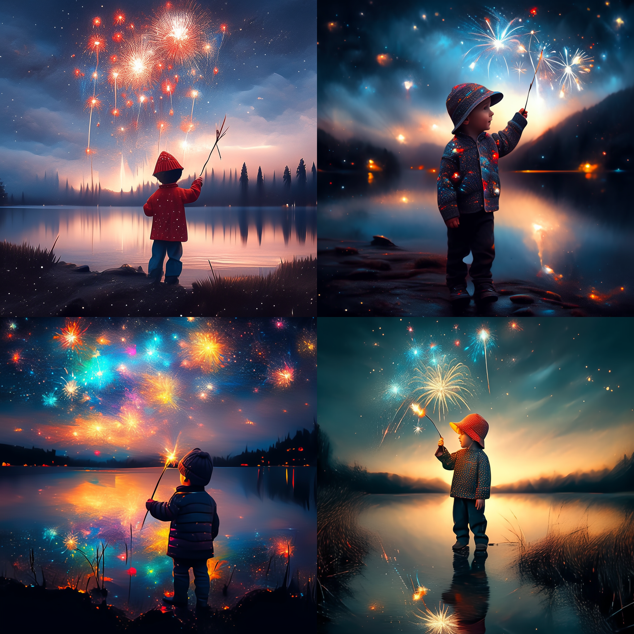 小男孩手持星星烟花棒，尖帽子饰头，身处七彩河流之旁，满天云彩点缀。正面特写构图，夜景环境，广角镜头，长曝光，动态模糊，明亮色彩，喜悦情绪。
