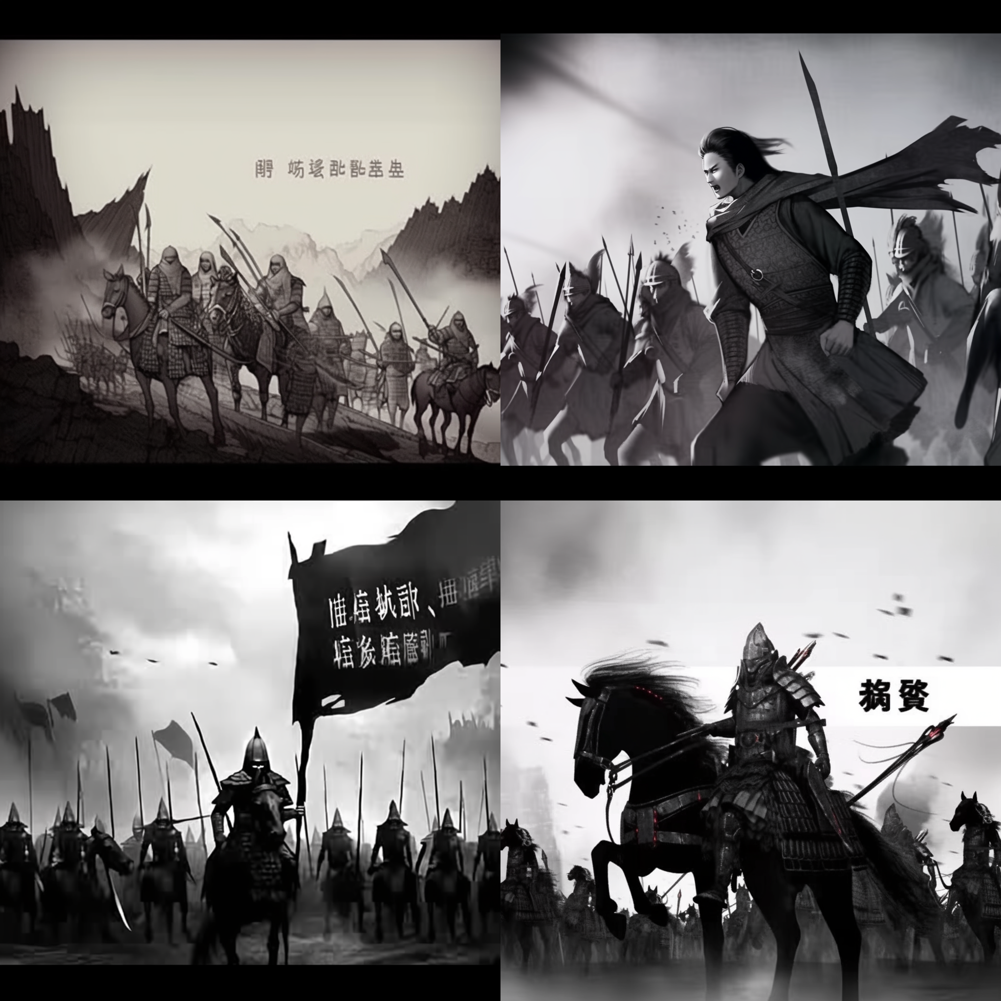 中国士兵骑马，身穿铠甲，手持宝剑，战场上站着。水墨色彩，黑白对比，丰富细节，ps后期处理，水墨笔刷效果，远景构图，正视图，前景无遮挡