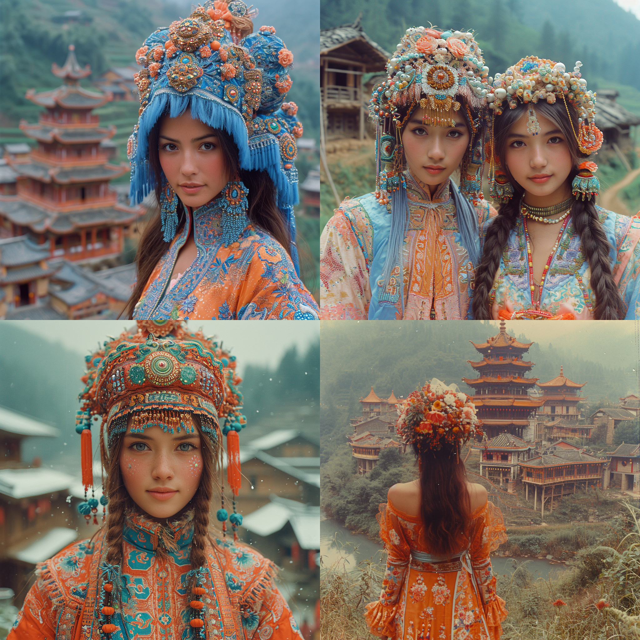 超现实柯达胶片拍摄，苗族传统服饰与现代建筑融合的照片。构图精致，主题突出。背景是苗族村寨，色彩鲜艳，人物表情丰富。充满神秘感的照片，透露出苗族文化的独特美。