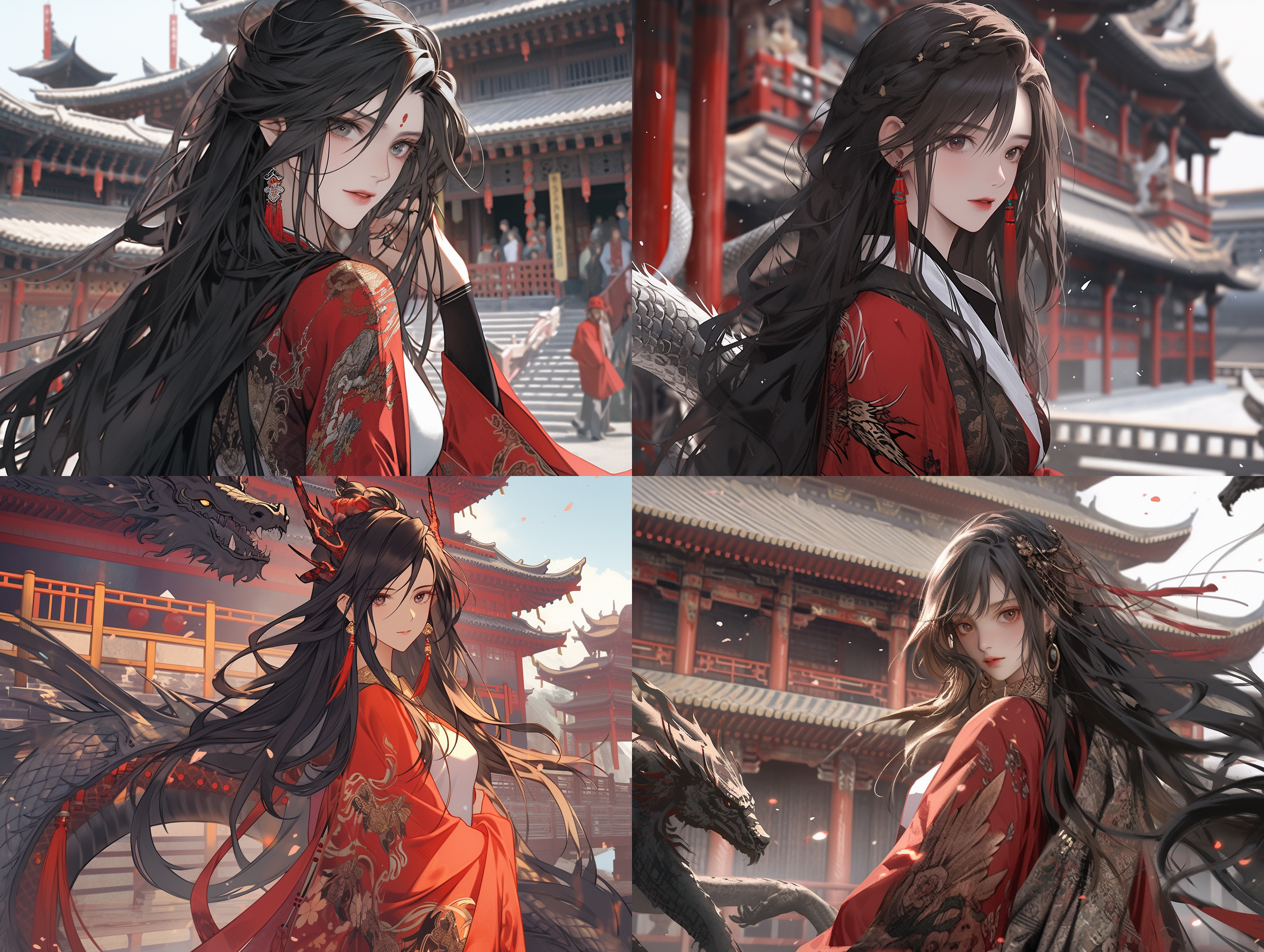 女子端庄美丽，高冷表情，穿着中国风服装，黑色长发披肩，红色衣服上绣着中国龙图案，站在皇宫前。