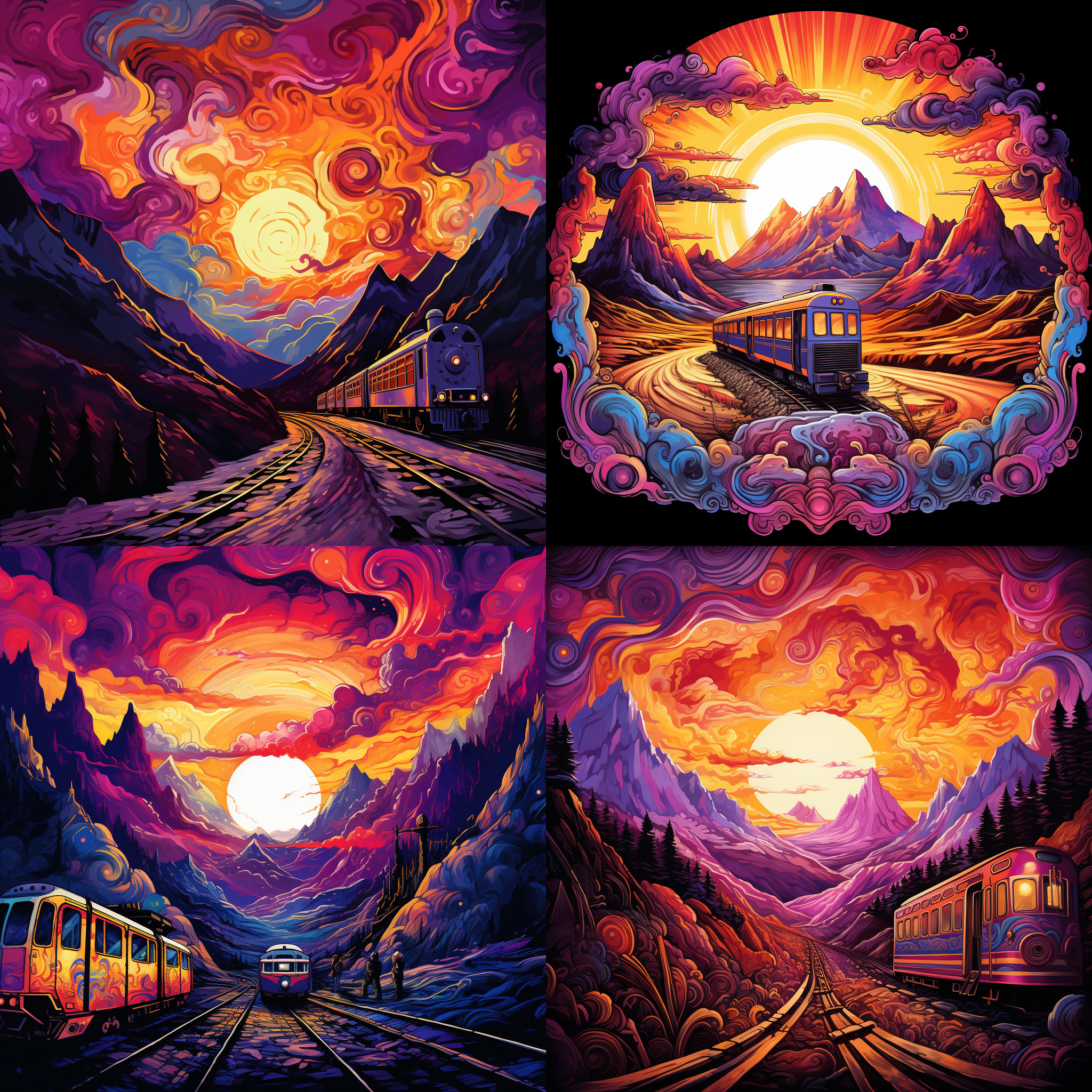 扁平化手绘风格，紫色火车冲进隧道，隧道外是七彩山脉，金色天空，红黑云，震撼人心。