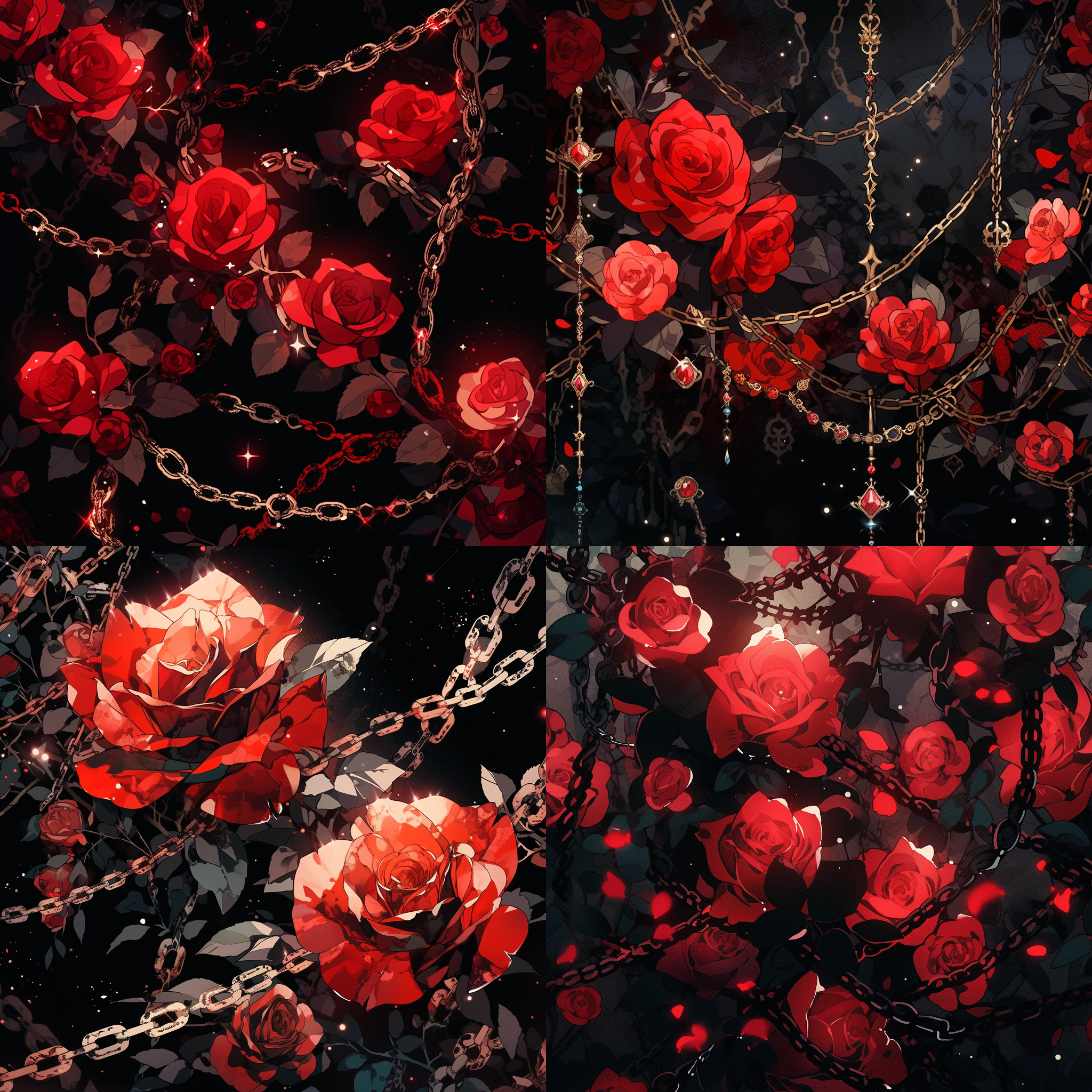 红黑色玫瑰锁链边框，高清画质，手绘插画风格，奇幻风格，细节丰富，暗黑主题，对比强烈，透视感，柔光，迷幻色彩，神秘氛围，令人着迷。