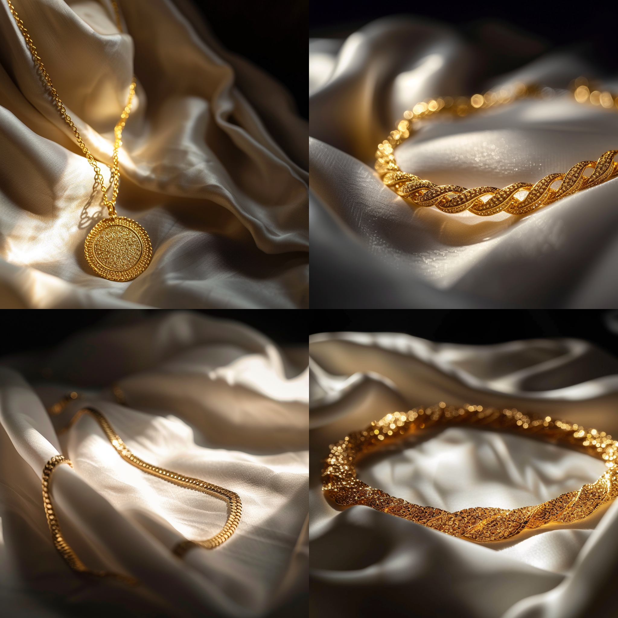 黄金项链，摆放在白色绒布上，使用浅景深，光线透过窗户洒在项链上，呈现出华丽的细节与纹理。金色的项链与黑色背景形成鲜明对比，突出贵气。高质感，精致，珠宝，光影，细节，华丽，贵气，金色，纹理，光线，窗户。
