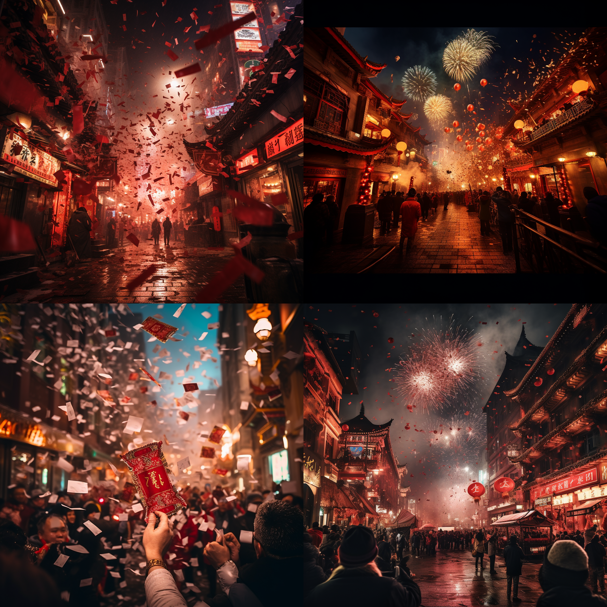 新春红包封面，热闹喜庆，龙年主题，夜晚街道，大光圈，长曝光，广角镜头，闪光灯，烟花，人群，欢乐，红色，喜庆。