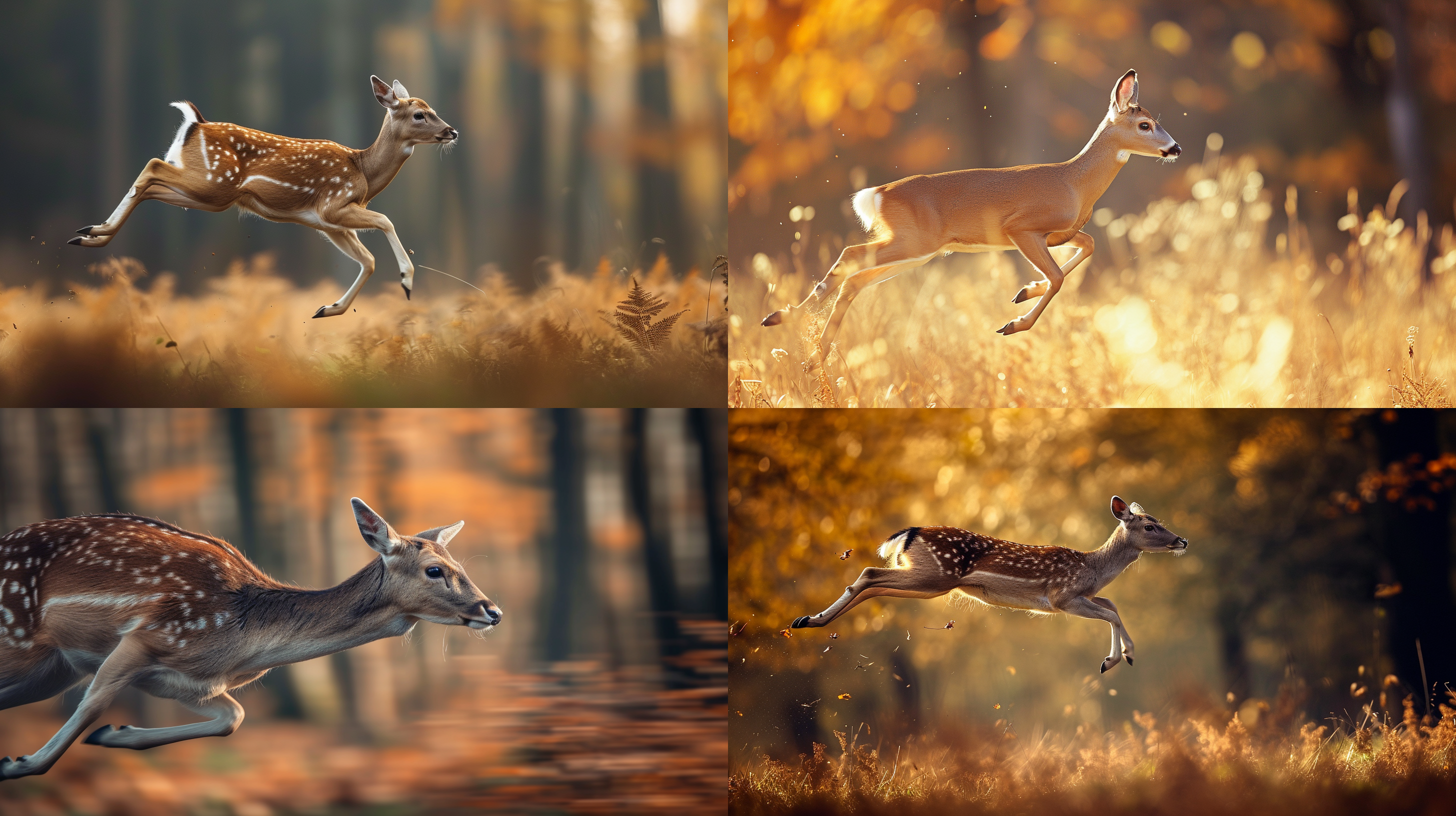 鹿飞跃，侧头姿态，细长角，细长眼睛，灵气，暖色调，广角镜头，高对比度，快速快门，自然环境，动态。