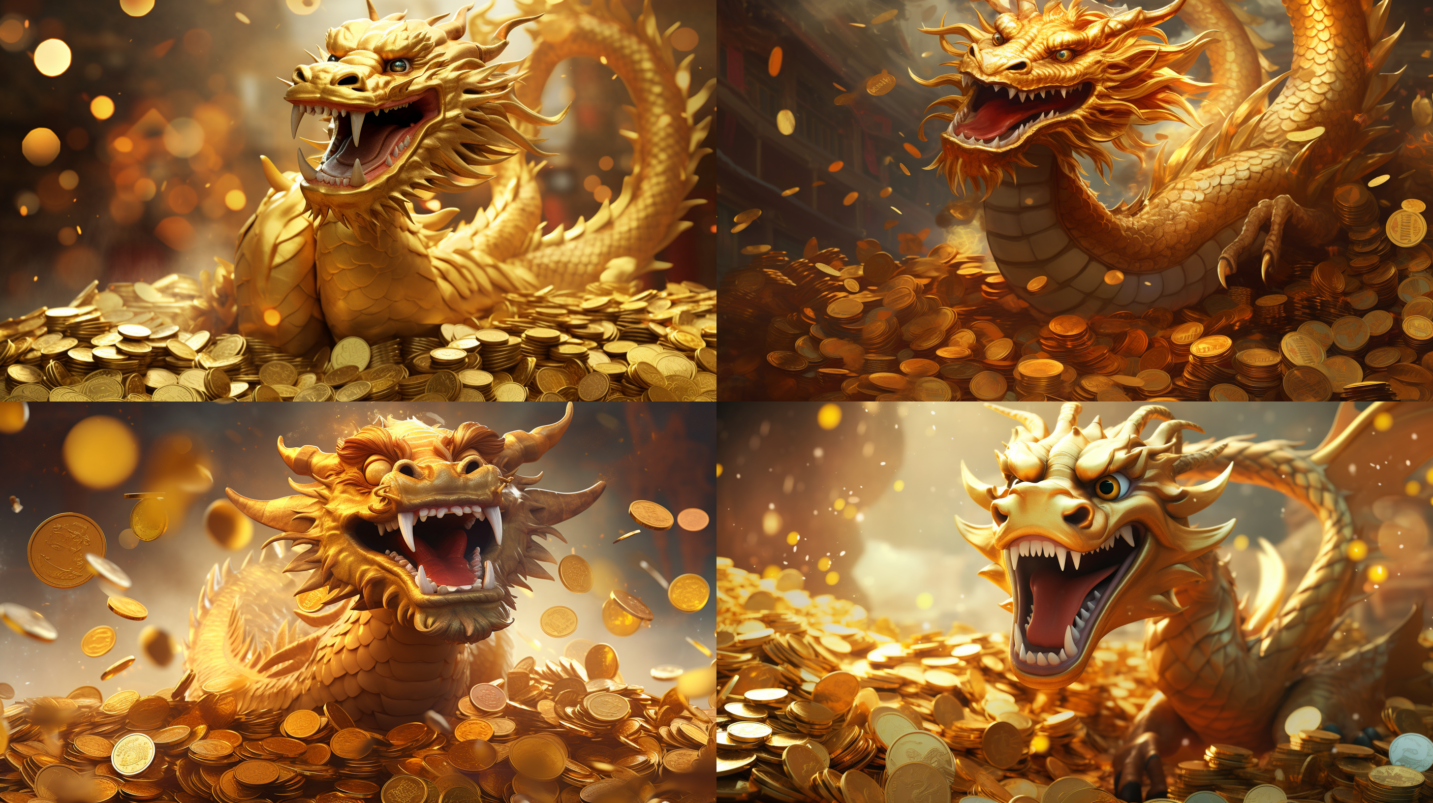 this is a picture depicting a golden dragon shaped creature with large and expressive eyes, sharp horns, and teeth, making it look very happy. its body is covered with scales and seems to be throwing coins from its hand. the background is golden, with more gold coins scattered around. below the dragon, there is the chinese character "dragon year of wealth", which means "people born in the year of the dragon will become very wealthy in the new year.".
