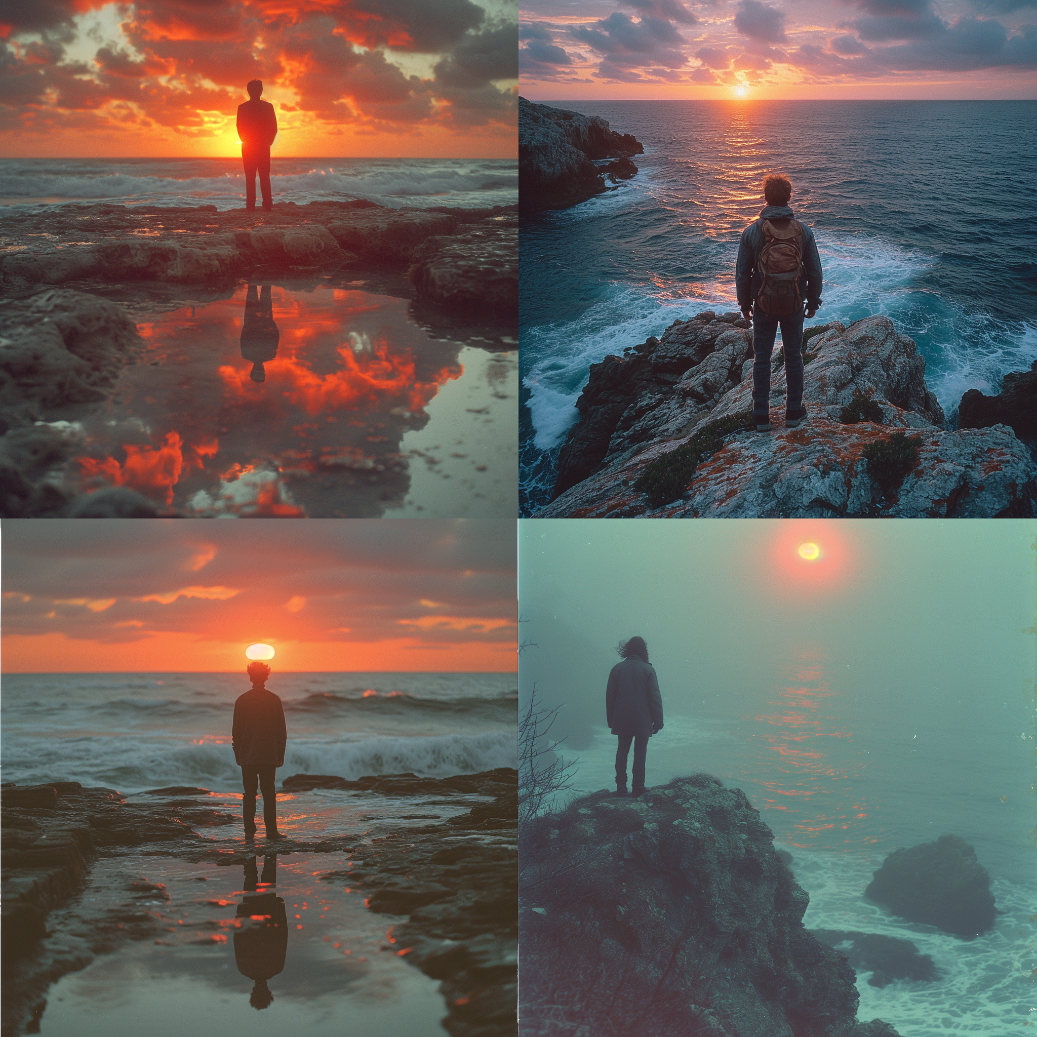大海上的孤独行者。一位冒险家站在岩石上，背对着镜头，面朝无尽的海洋。他的身影映在水面上，与夕阳交相辉映。风吹起他的头发，海浪拍打着礁石，创造出一幅令人心旷神怡的画面。超现实，柯达胶片拍摄，高光，海洋，岩石，黄昏，背影，孤独，自然，冒险，宁静。 星际迷航