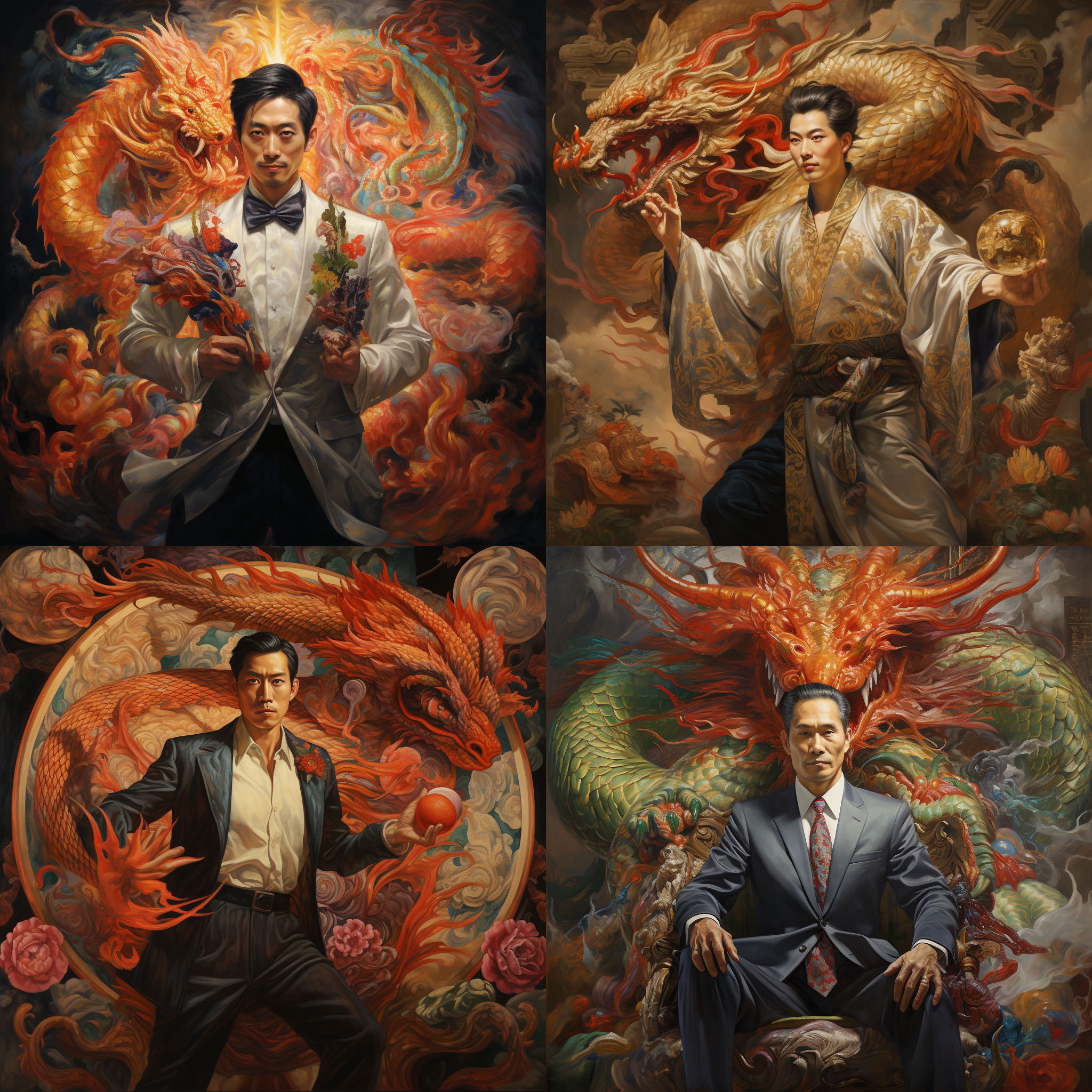 正装男子，上半身，龙凤浮雕，华丽，面朝前方稍微弯腰，双手叠起抱拳中间挂福字，正面构图，室外，明亮照明，细节丰富，传统色调，喜庆氛围。