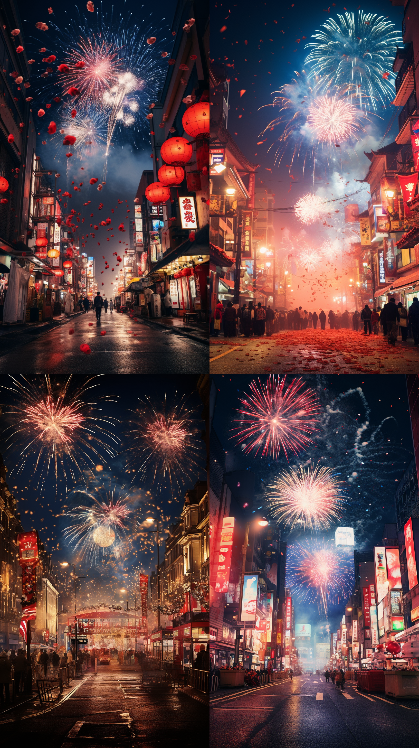 热闹喜庆，夜晚街道，广告牌三个字 谈小娱，大光圈，长曝光，广角镜头，闪光灯，烟花，人群，欢乐，红色，喜庆。