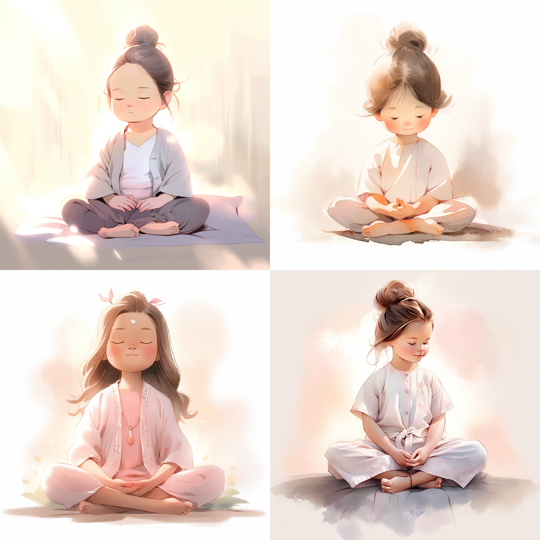 小女孩打坐，简约服饰，盘腿坐姿，水彩风格，柔和光线，静谧氛围，专注表情，自然肖像，纯净色调，平静。高清晰度，细节丰富，广角镜头，自然环境，温暖色调，柔和阴影，平衡构图，深度感，轻柔笔触，内心宁静。