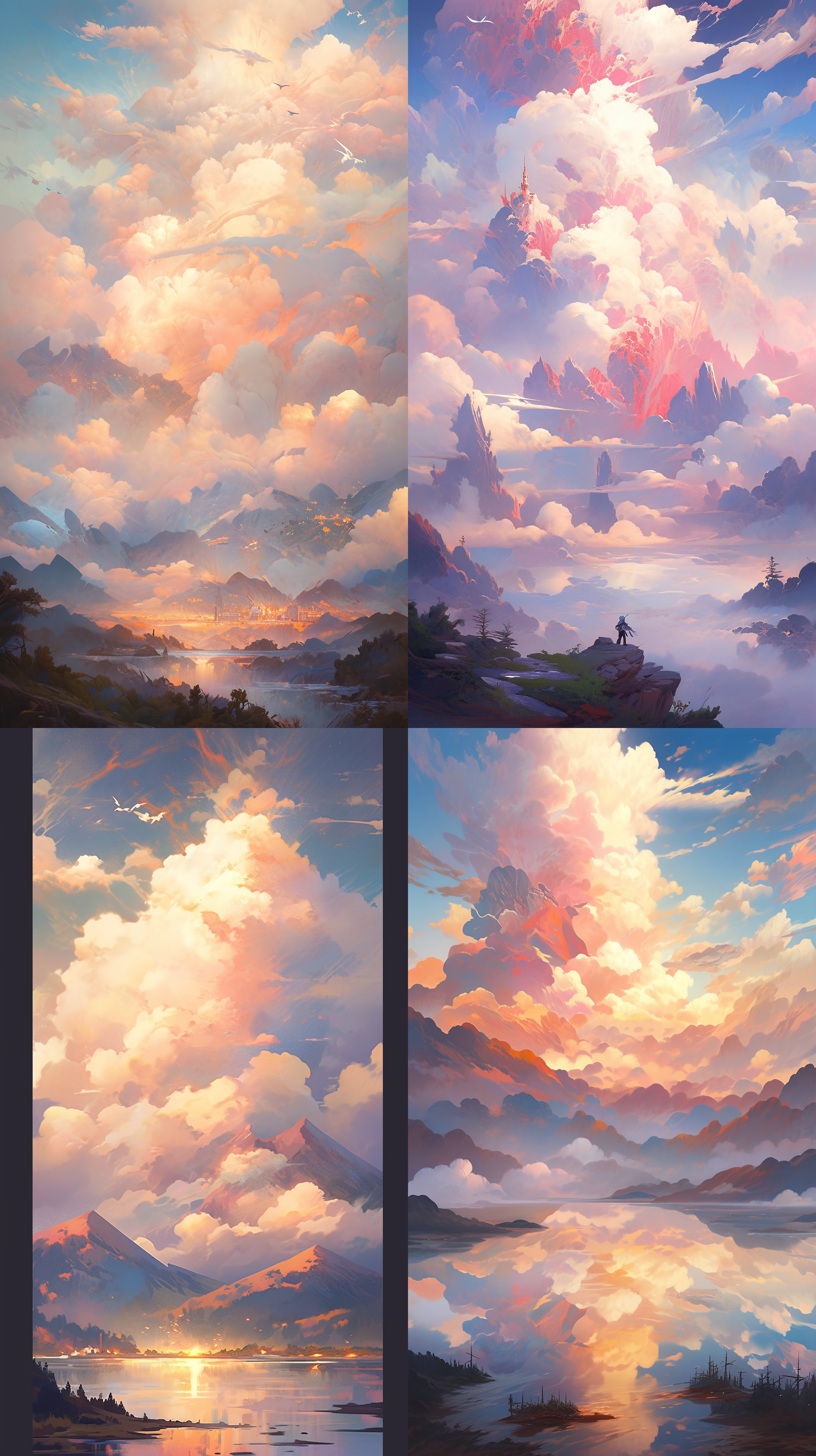 油画，层次感，云，太阳，山脉，湖泊，大气，柔和光线，细节丰富，抽象表现，明亮色调，宏伟景象，宁静，壮观。