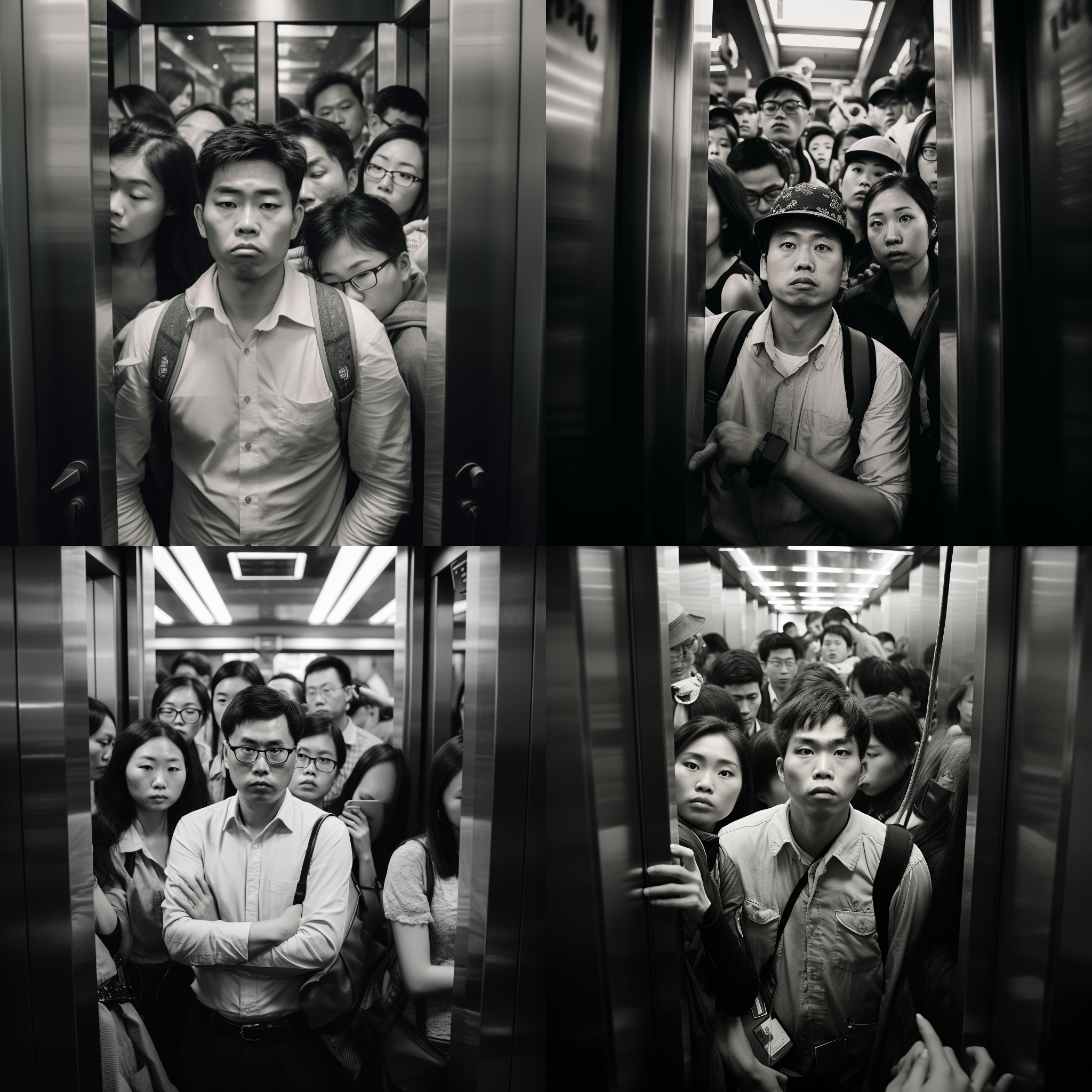 电梯口拥挤的中国人，高楼大厦背景，繁忙的城市氛围，景深焦点，黑白摄影，广角镜头，长曝光，行进动作，匆忙，紧张。