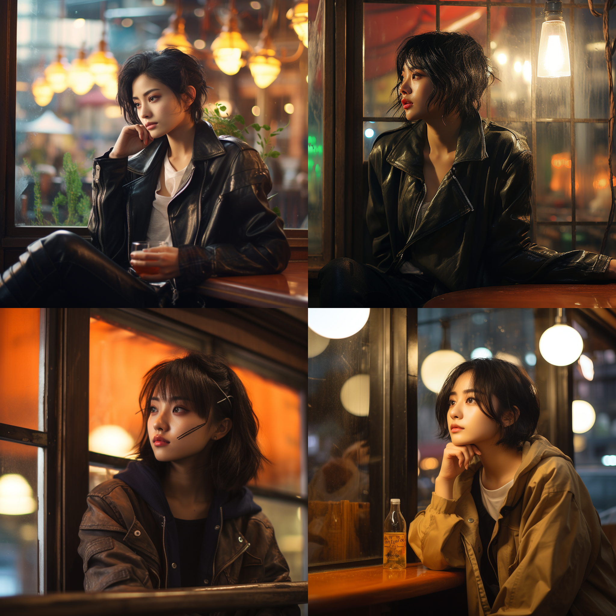 亚洲少女，黑色短发，风衣，皮靴，酒馆，窗外街景，对角线布局，室内环境，暖色调，标准镜头，眺望，思考，平静。
