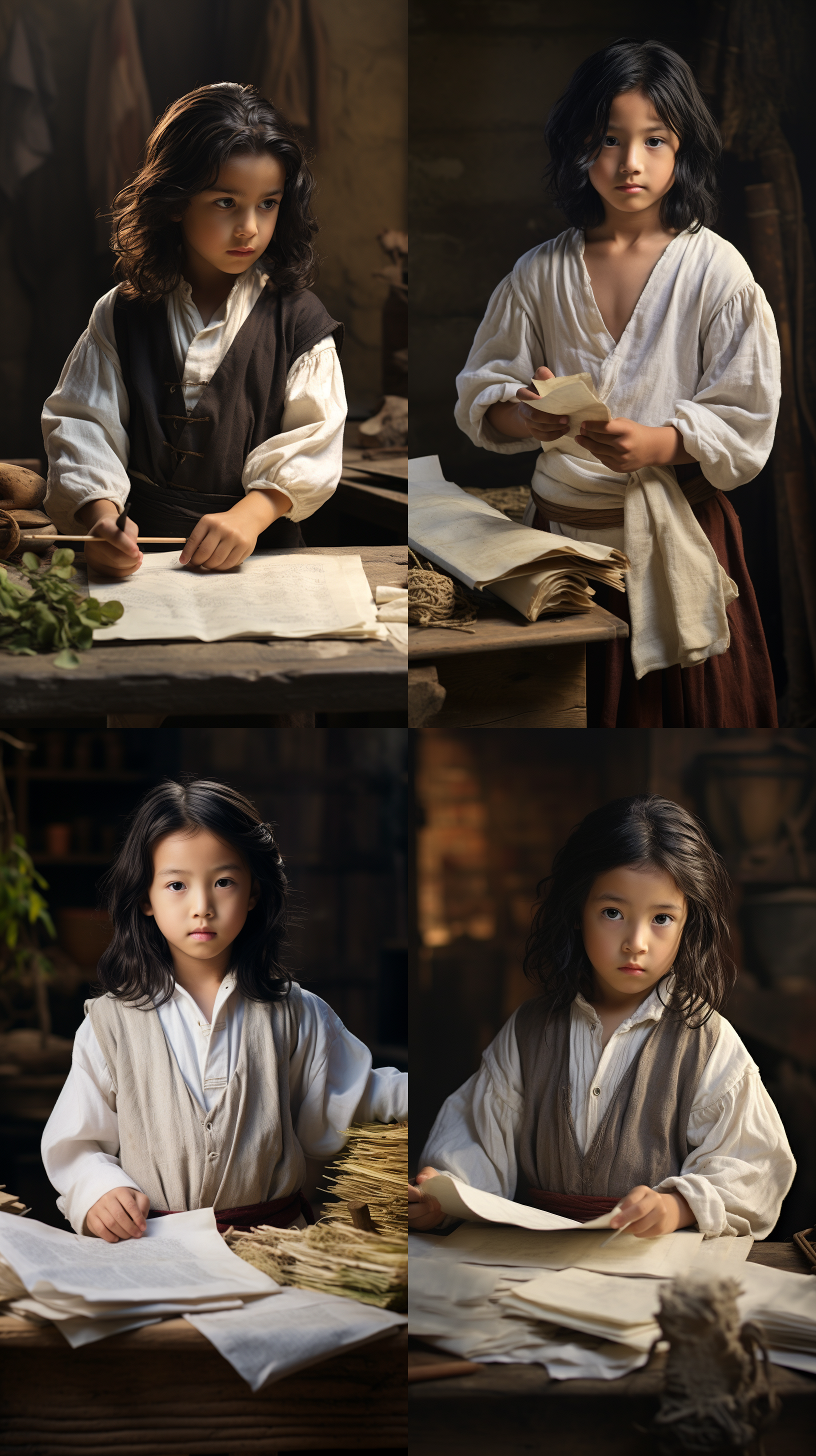 黑色长头发的七八岁的古代中国男孩，身穿欧洲中世纪服装，在欧洲中世纪农庄，手捧羊皮卷学习拉丁文。