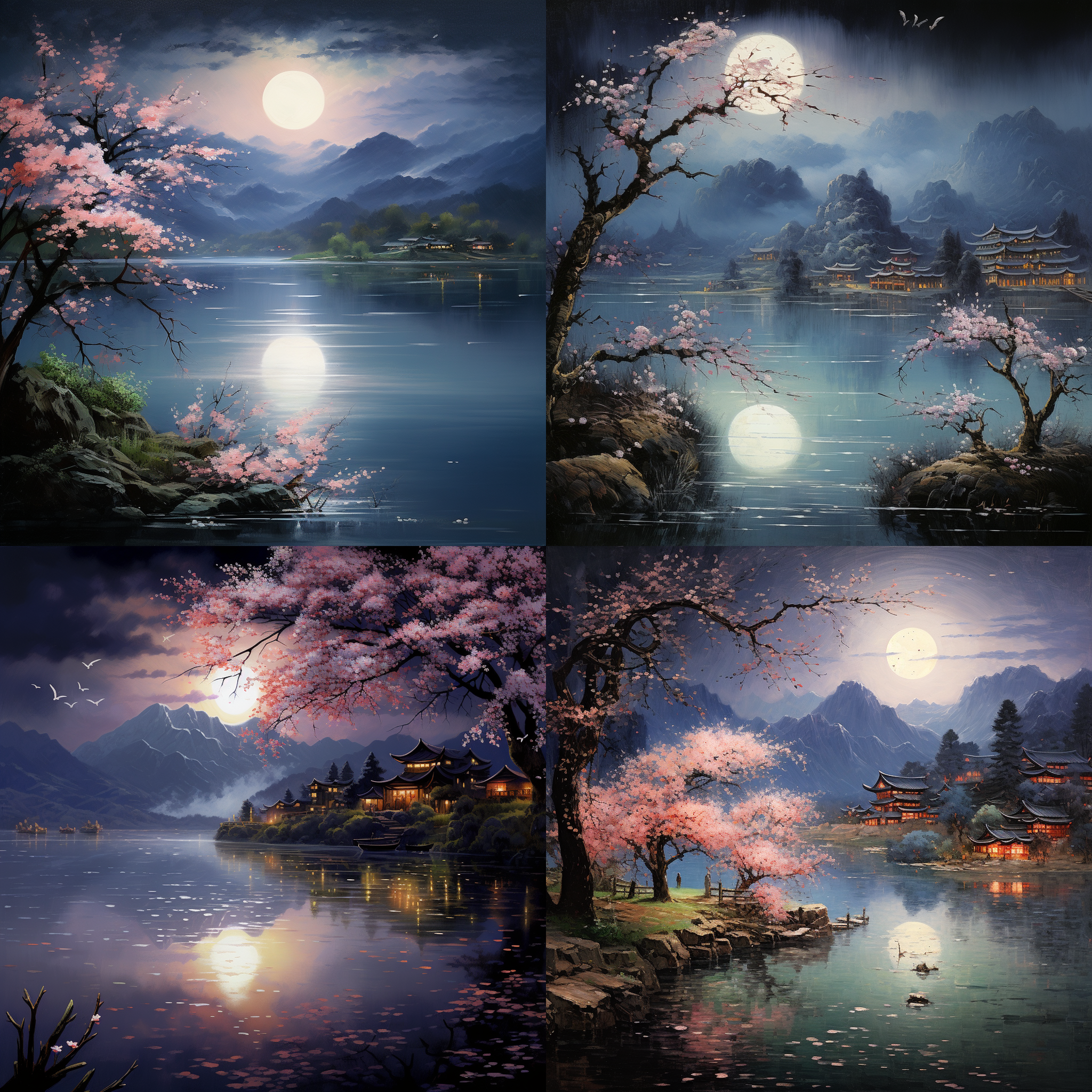 湖边夜景，山色倒影，柳树拂面，桃花雨洒，月光如水，湖面波光粼粼。半夜时分，一条鲤鱼跃出水面，在湖滩上翻滚，形成动感一幕。浪漫的景色令人陶醉，仿佛置身于诗画之中。湖边夜景，山色倒影，桃花雨，夜光，水面动感，鲤鱼跃出，浪漫。