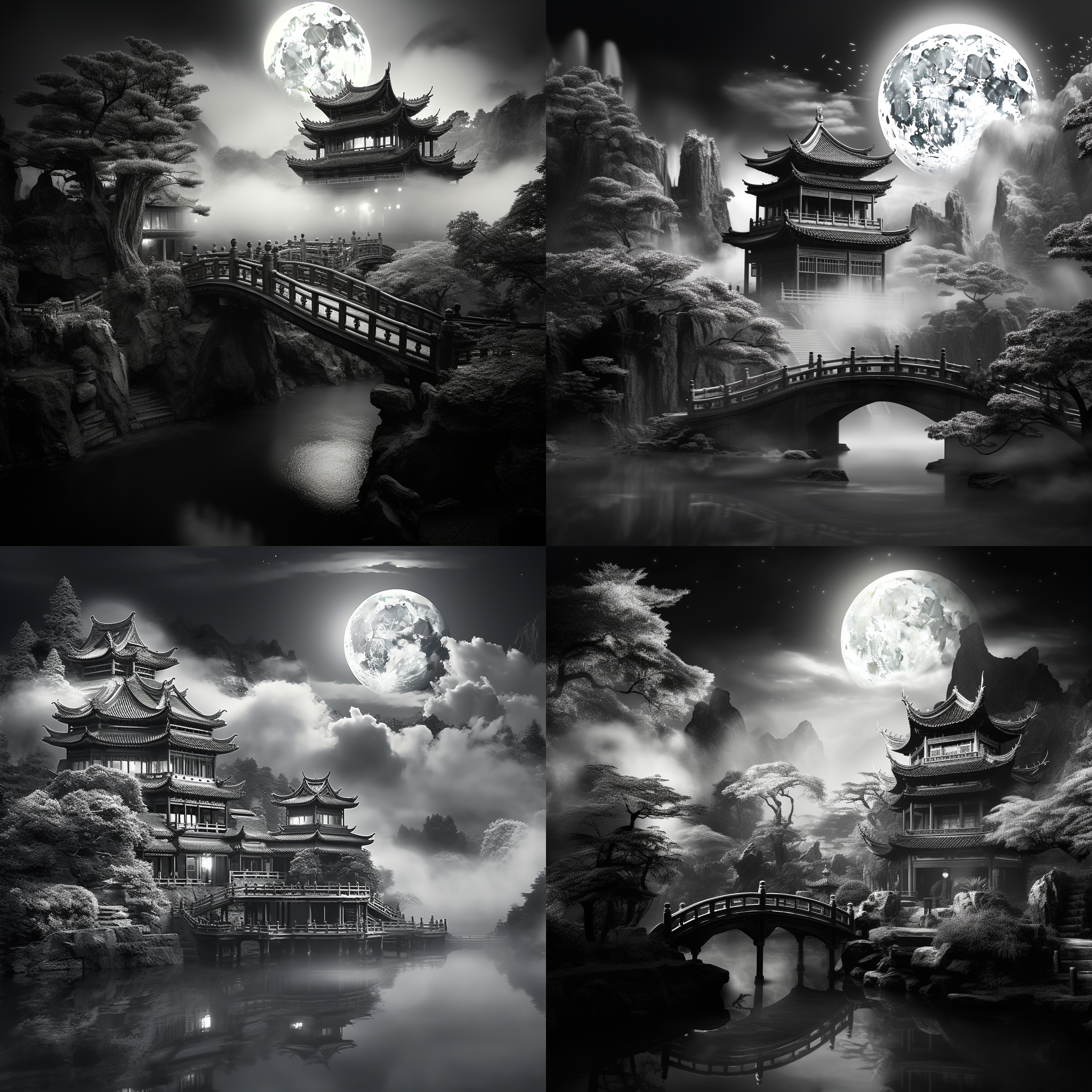 超真实，夜空柔和的月光，古老典雅的中式建筑矗立在天空的小岛上，瀑布顺着云雾而下，壮丽的豪威风景，逆光，奇幻，高清晰度，细腻情感表达，黑白摄影风格，明暗对比强烈，超高清，月亮小一点。