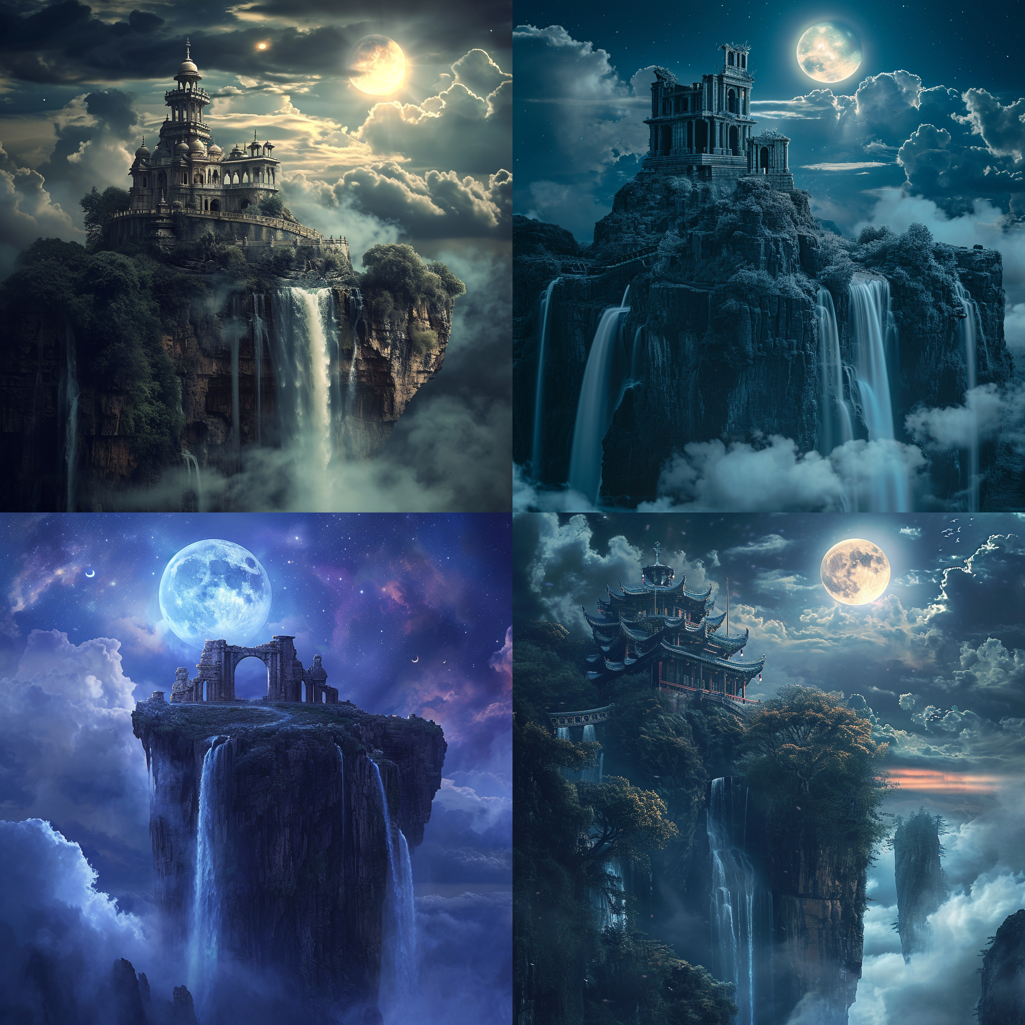 夜空月光，古式建筑矗立天空小岛，瀑布云雾流下，壮丽豪威景色。逆光，奇幻，高清晰度，细腻情感表达，低饱和色彩，明暗对比强烈，超高清。