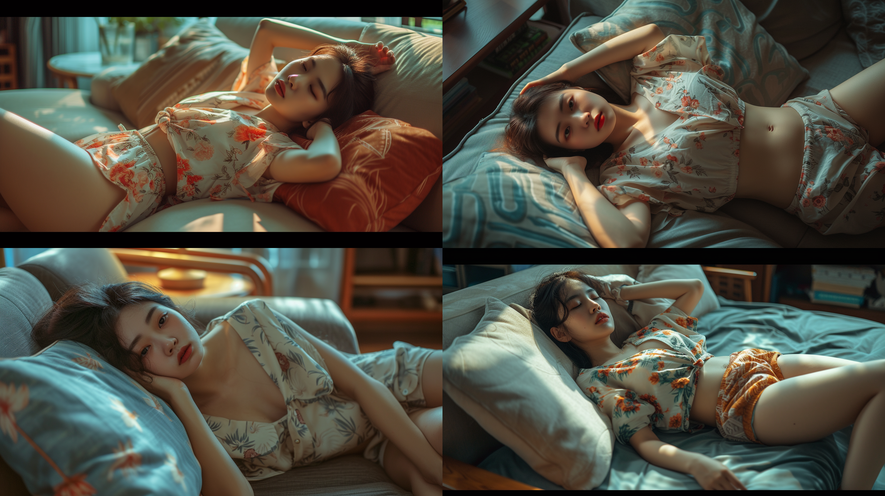 慵懒风中国气质女生室内写真，穿宽松睡衣，短裤，侧躺在沙发上，慵懒，闲适，气质，大师级摄影镜头，大师级摄影角度，全身照，电影感，4k，高清