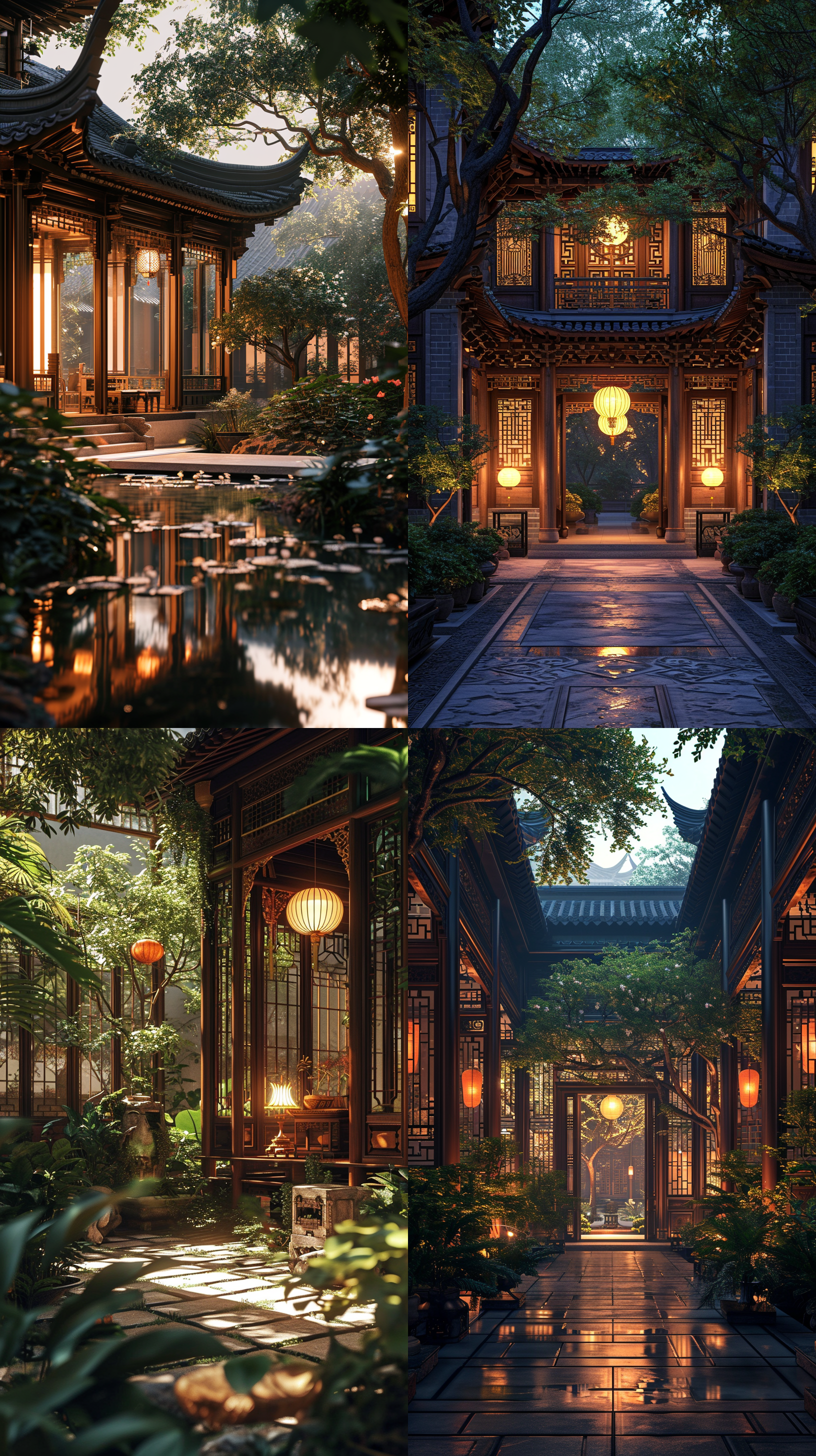 东方古典园林，造型松，建筑古典，灯光透过漏窗，温暖而温馨，高细节，写实电影摄影风格，全景