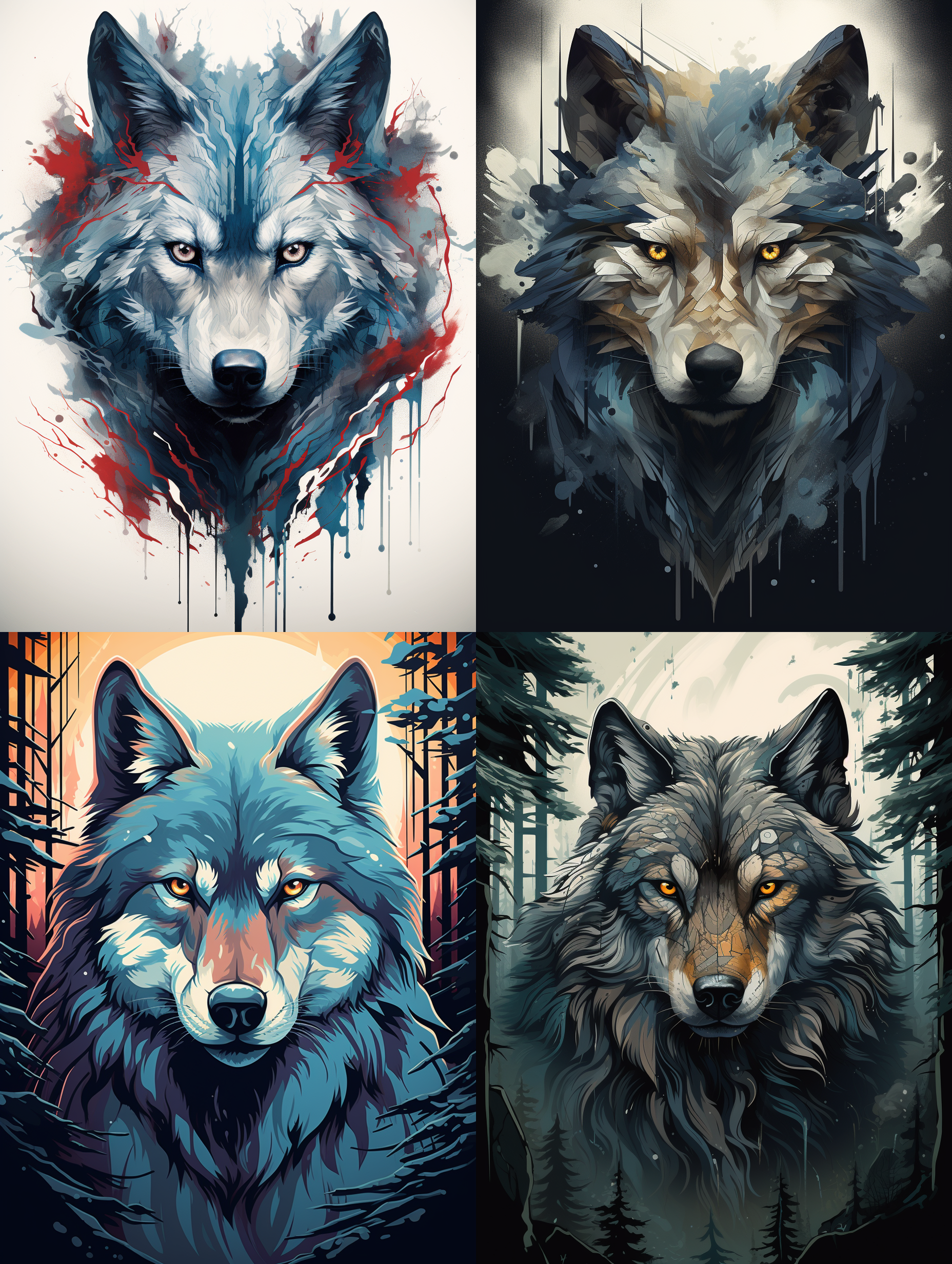 自然公园海报，一只狼的头部以动态对称的风格呈现，独特的角色设计，戏剧性的透视运用，显著的鼻子特征，庄严的宏伟感，锐利的笔触，恐怖波浪风格，ar 39:64。