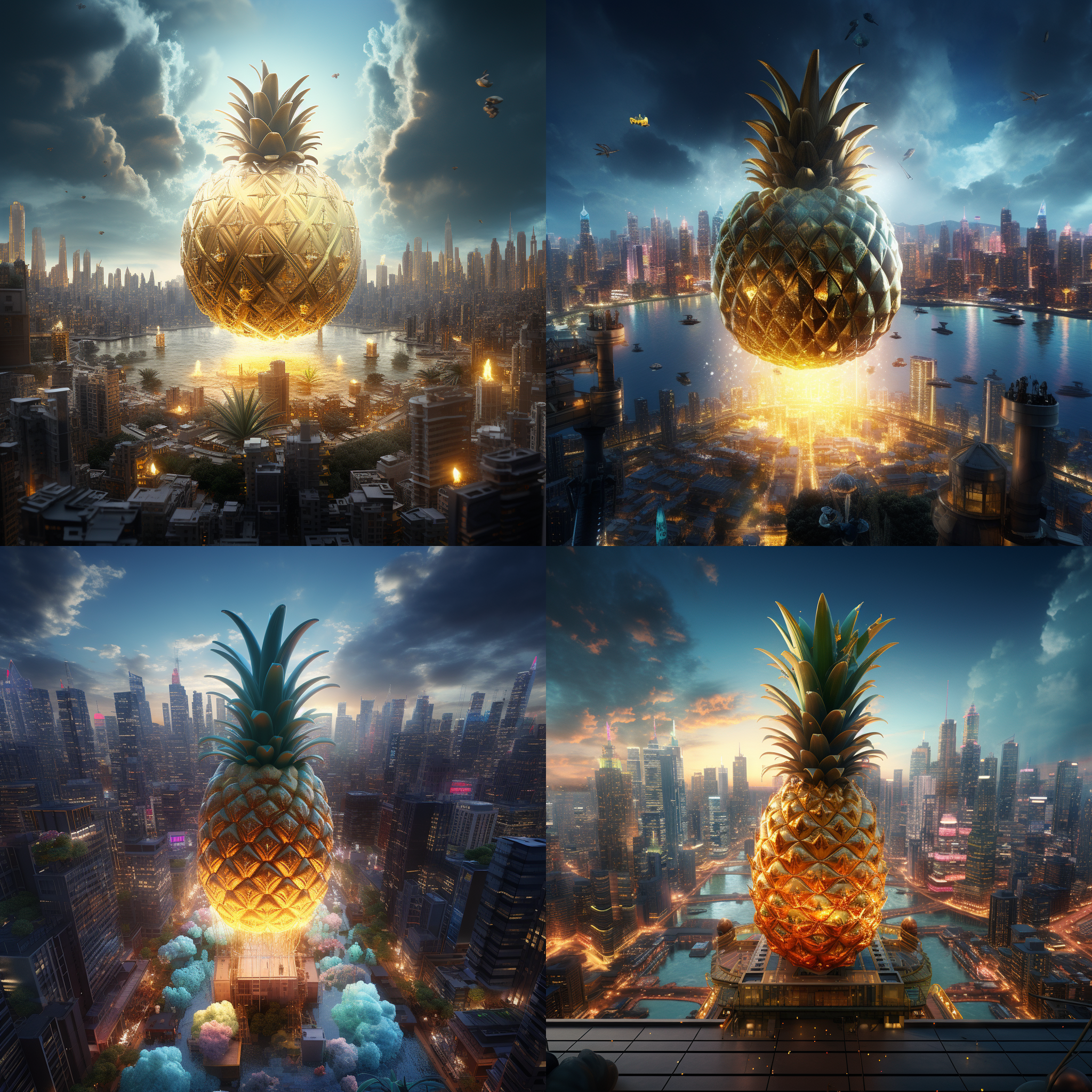 菠萝悬浮在空中，背景是一个充满科幻氛围的城市。菠萝呈现出晶莹剔透的质感，细节刻画到位，仿佛可以触摸到它的纹理。通过3d渲染技术，菠萝散发着梦幻般的光芒，犹如来自另一个世界。电影级光照打造出华丽的效果，让整个画面充满神秘感。这张照片展示了菠萝的鲜艳色彩，真实而又具有产品摄影的最佳画质。