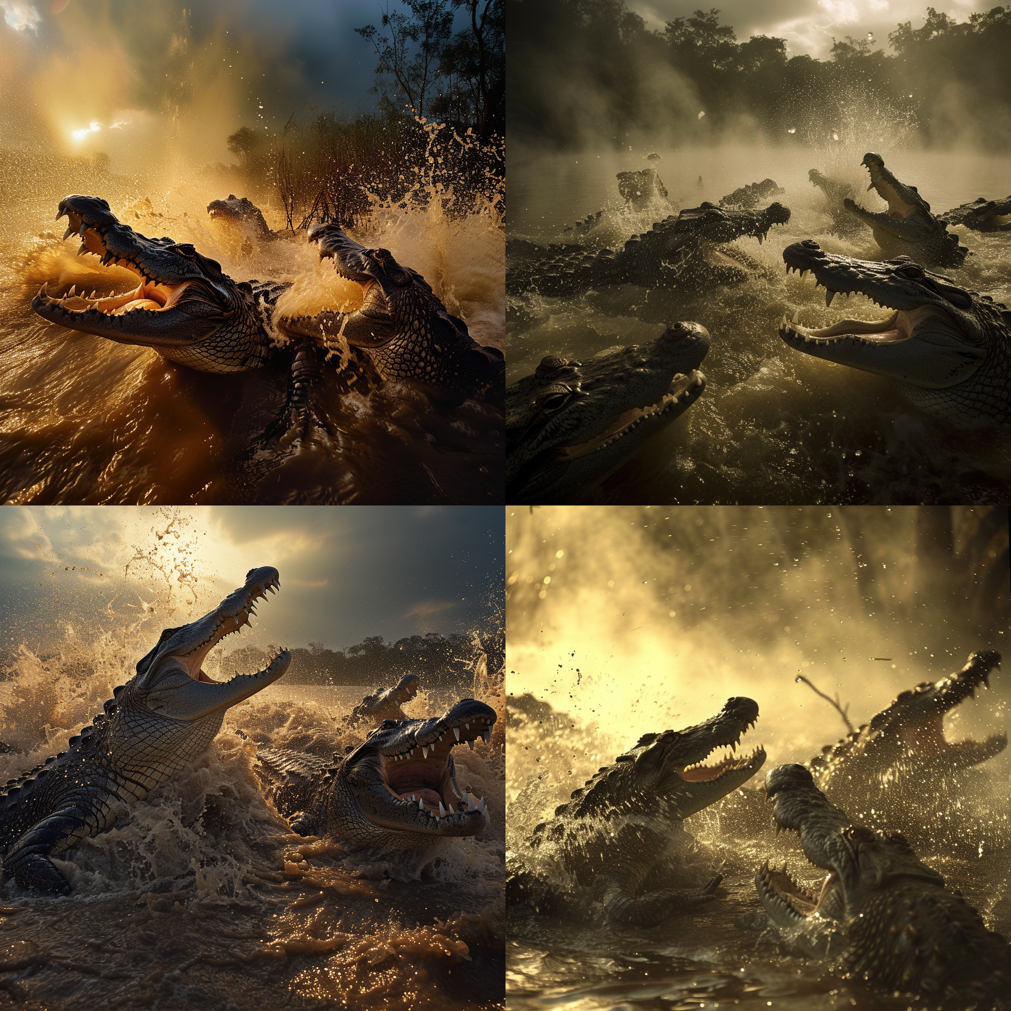 人大战鳄鱼，沼泽中，黄昏，浓雾弥漫，广角镜头，低角度拍摄，高速快门，水花四溅，激烈动作，危险，紧张。