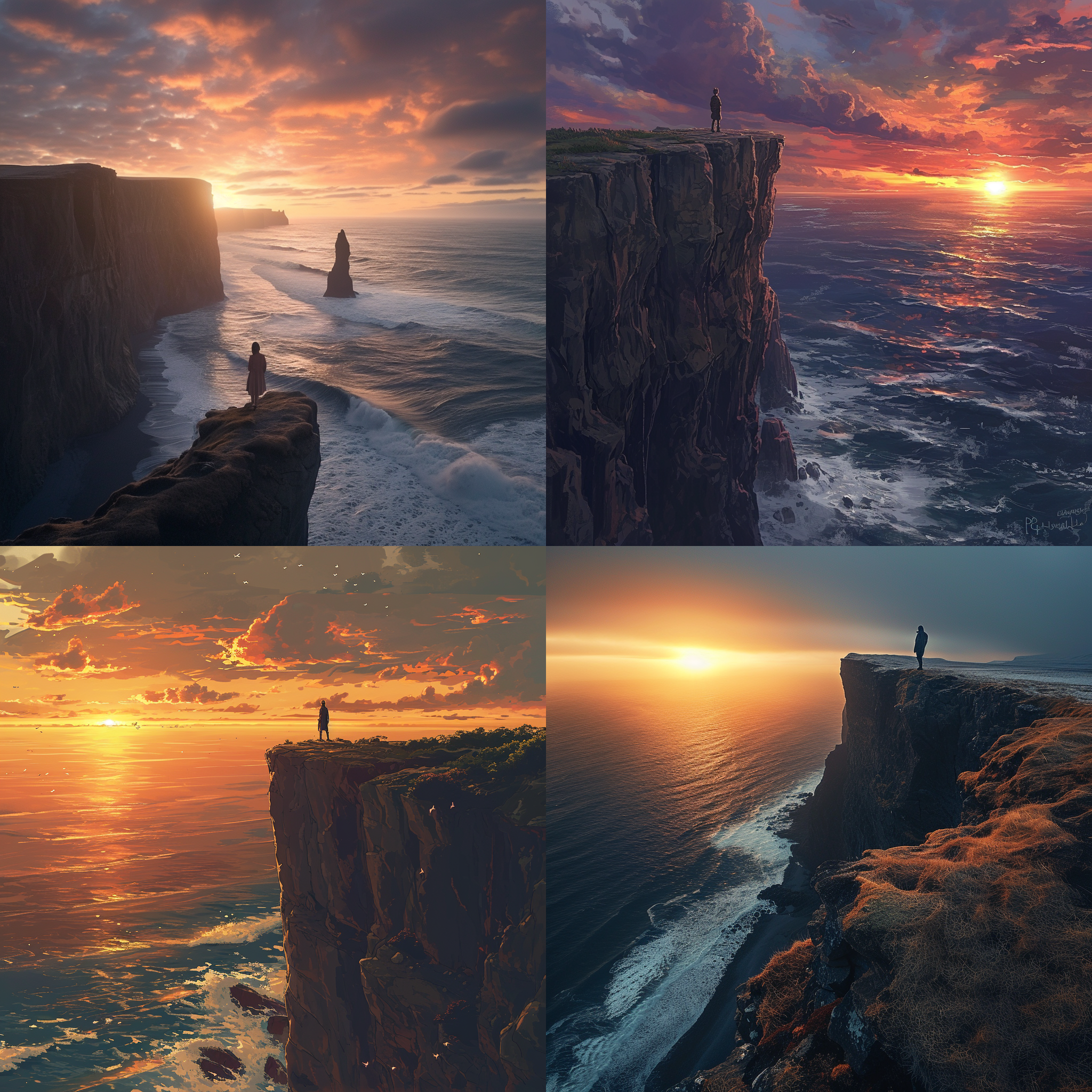 世界的尽头，壮丽的海岸线，巍峨的悬崖，夕阳西下。远处是无边的大海，波涛汹涌。镜头使用广角，突出空旷感。色调以暖色为主，增强浪漫氛围。人物站在悬崖边缘，背对相机，望向远方，表达着无限的向往与决心。
