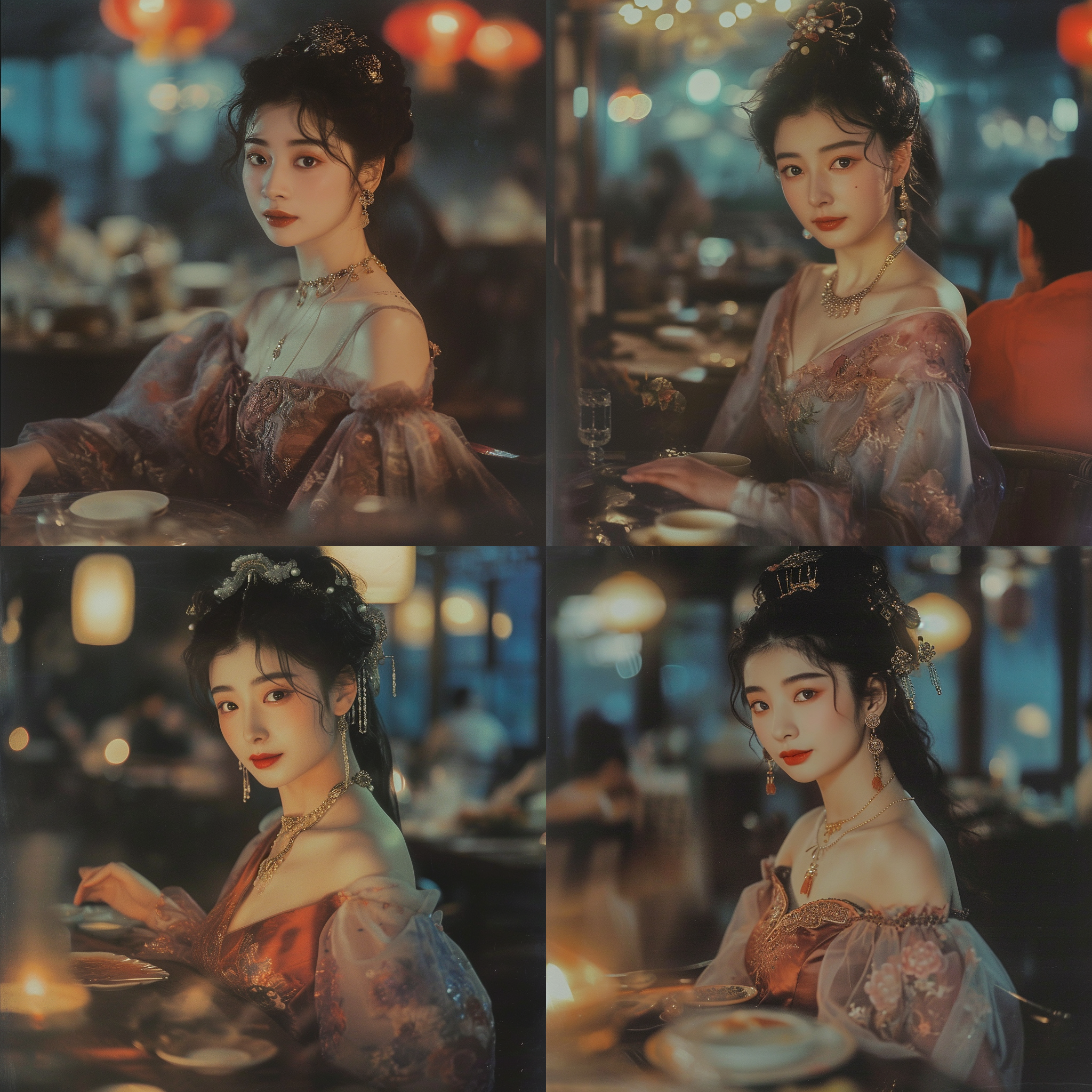 电影风格的黄家驹，中国20世纪90年代的电影海报，一位美丽的女人在豪华餐厅，全身照，正面观众，主题聚焦，脸部明亮，前景模糊，背景虚化，伦勃朗特效光，排名背光，圆形浅景深，浪漫朦胧，夜间城市灯光，高亮度，浅景深，夜间摄影，大气镜头风格，浅金色和深红色，柔焦，温暖模糊的照明，戏剧性对比，碎片化。