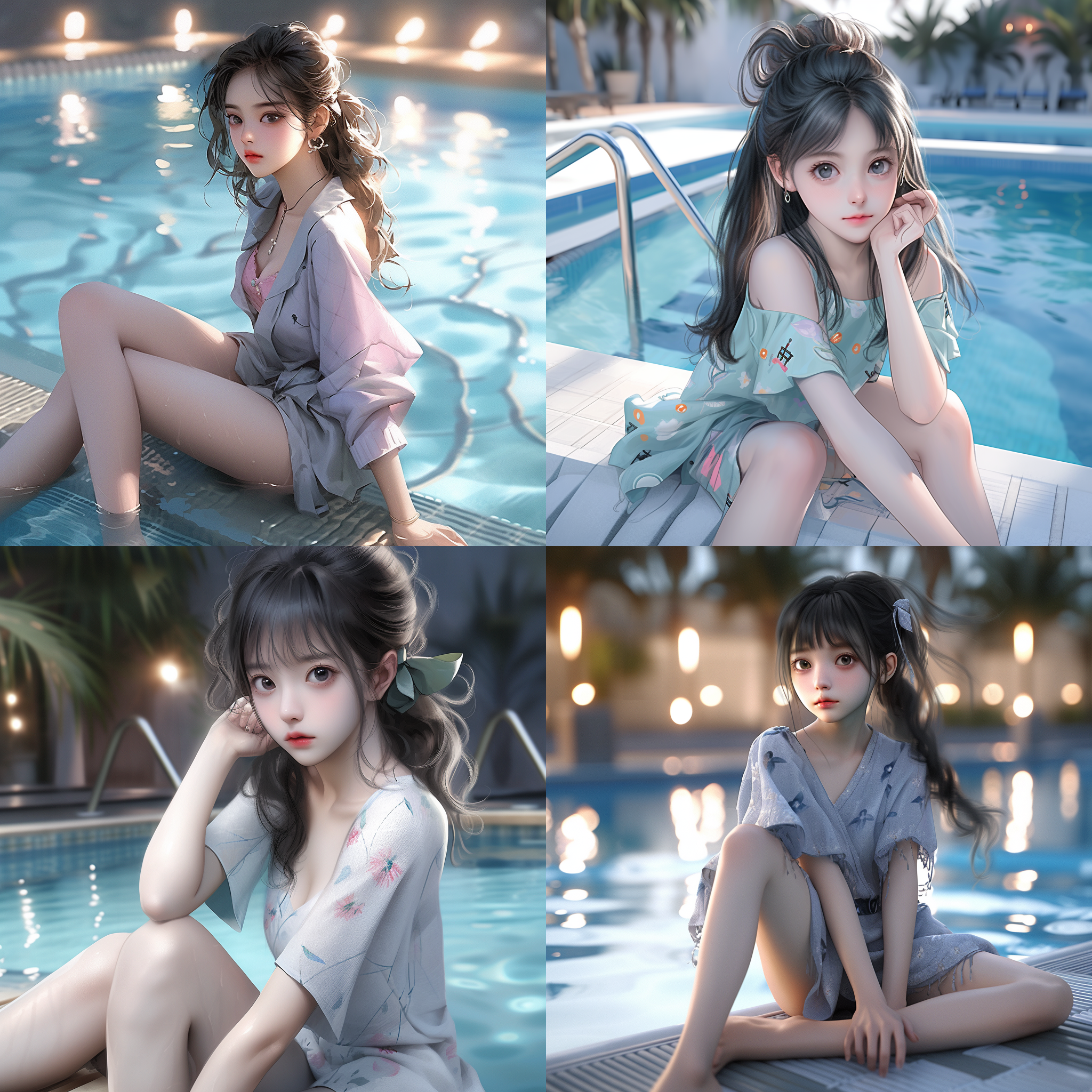 中国气质女生写真，坐在泳池边上，全身湿漉漉，眼睛望着水面，波光粼粼，短裤，湿透，闲适，气质，大师级摄影镜头，大师级摄影角度，全身照，电影感