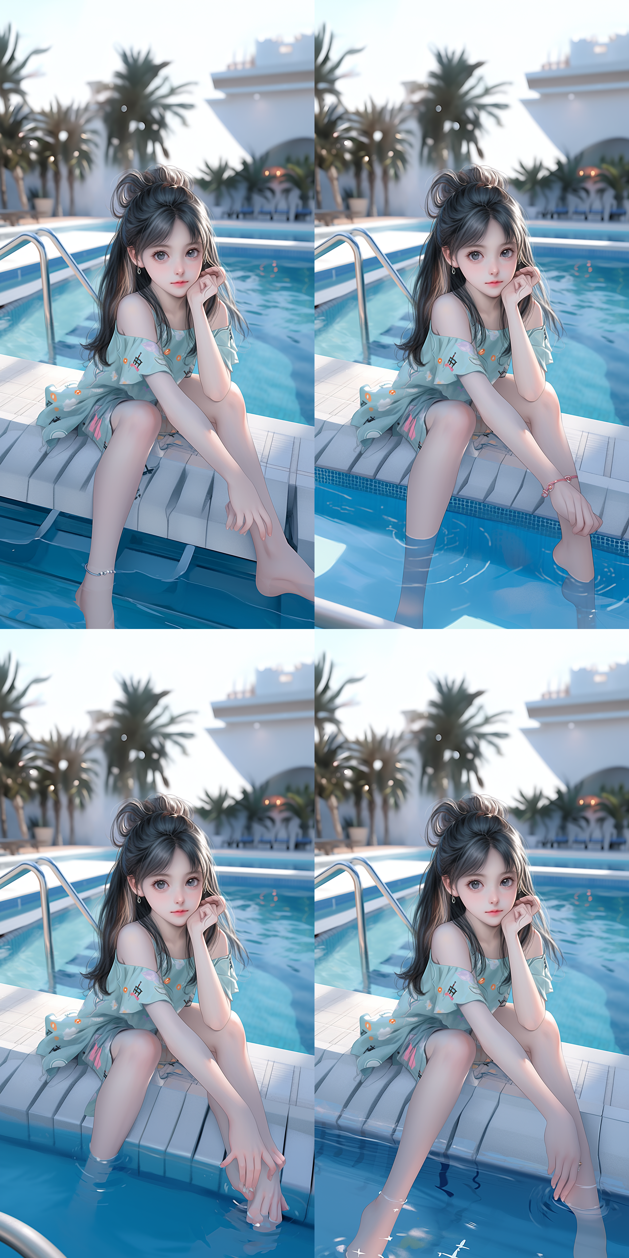 中国气质女生写真，坐在泳池边上，全身湿漉漉，眼睛望着水面，波光粼粼，短裤，湿透，闲适，气质，大师级摄影镜头，大师级摄影角度，全身照，电影感