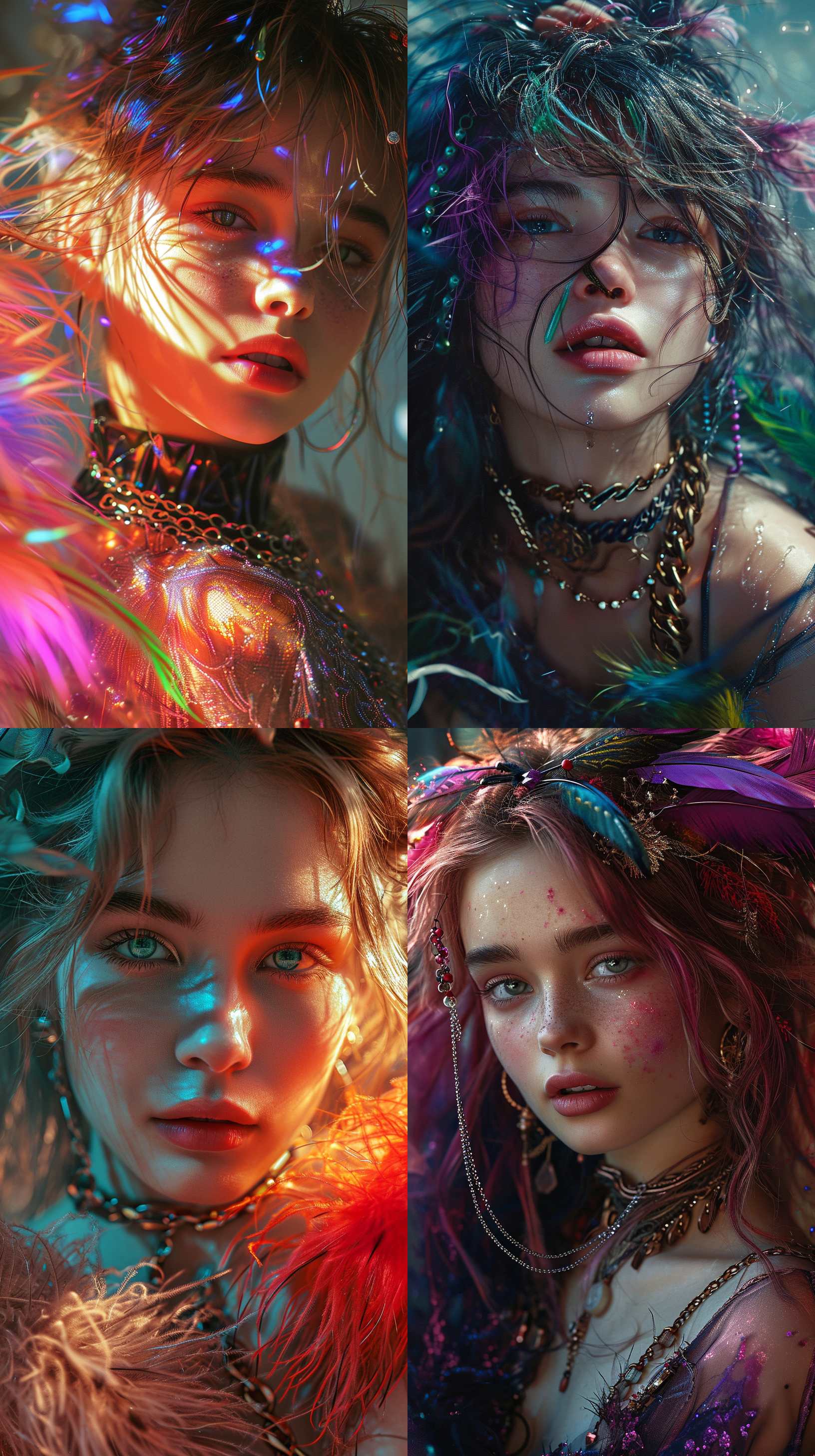 高品质，杰作，大师之作，精致的五官刻画，精致的头发刻画，精致的眼睛刻画，凌乱头发，精致的彩色头发，欧洲女孩，8k画质，绚丽的光影，丁达尔效应，光晕，凌乱的发丝，幼态，华丽的场景，精致的衣服，锁链，羽毛，全身，模特身材