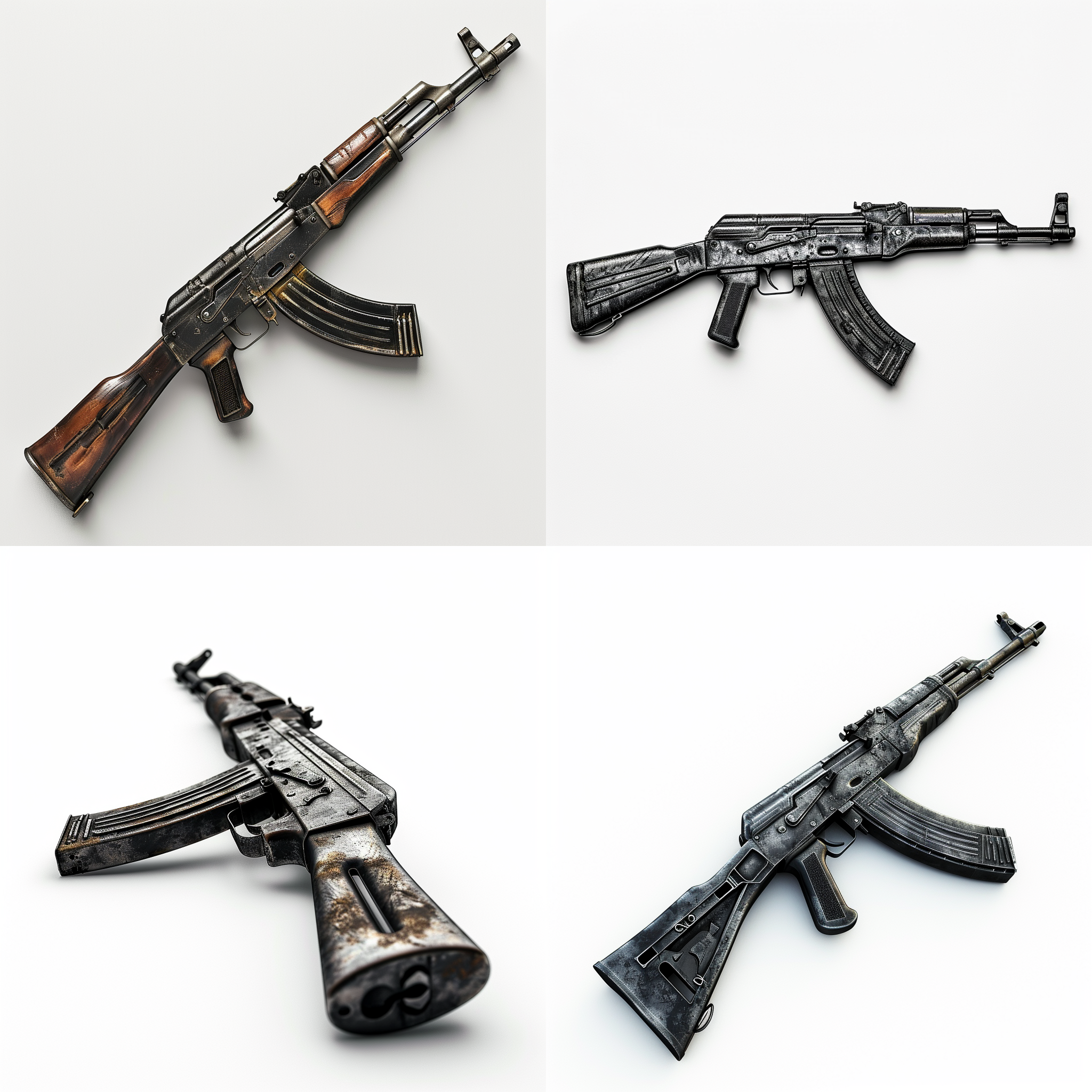 ak47，白色背景，聚焦在枪身上，正面展示，高清晰度，细节丰富，黑色金属质感，阴影渲染，宽幅画面，静态，震撼，冷色调。