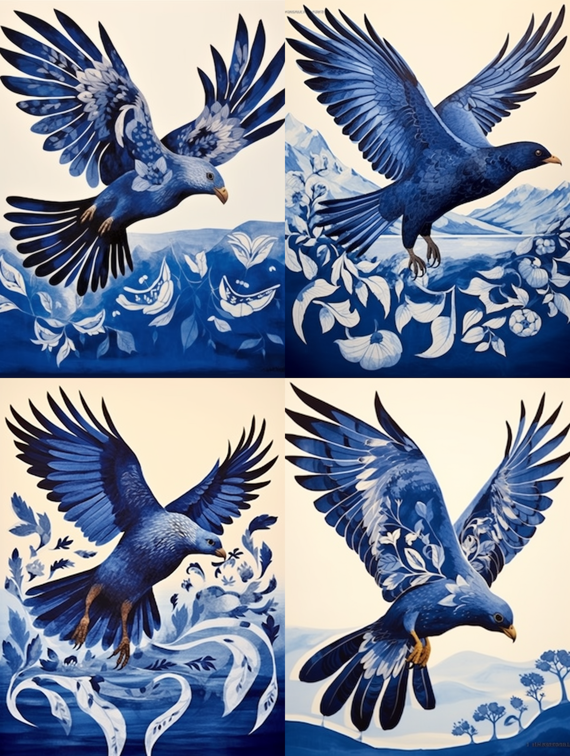 鹰展翅高飞，凌空而起。在湛蓝的天空下，一只壮丽的鹰在日出时刻独自翱翔，羽毛熠熠生辉。构图完美，远近巧妙运用，中心对称，广角镜头捕捉到宏伟的山脉和浩瀚的海洋。强烈的动态构图，快速快门冻结了鹰的飞行，给人一种力量和自由的感觉。蓝色和金色相互辉映，表达了壮丽和崇高的情感。