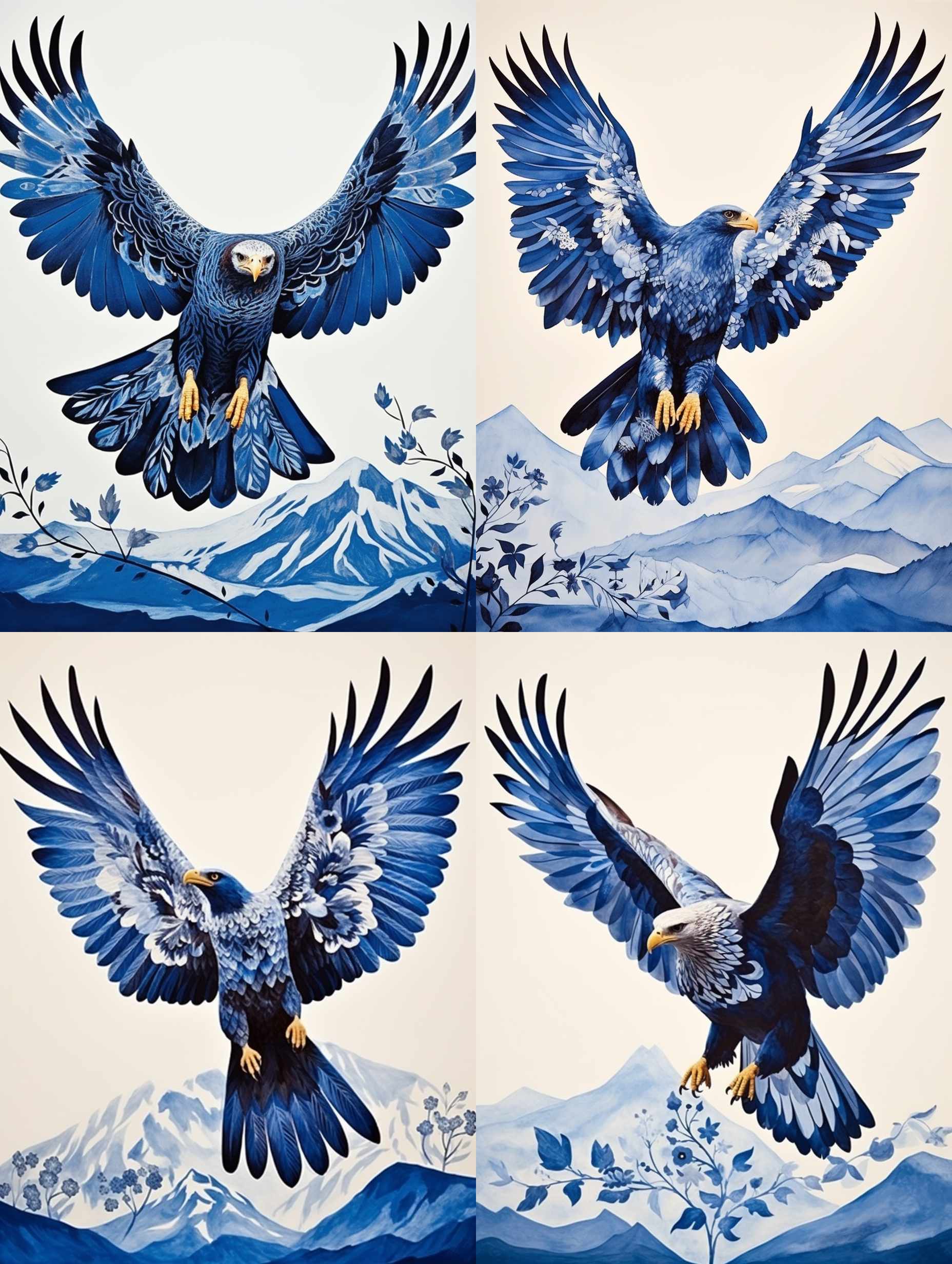 鹰展翅高飞，凌空而起。在湛蓝的天空下，一只壮丽的鹰在日出时刻独自翱翔，羽毛熠熠生辉。构图完美，远近巧妙运用，中心对称，广角镜头捕捉到宏伟的山脉和浩瀚的海洋。强烈的动态构图，快速快门冻结了鹰的飞行，给人一种力量和自由的感觉。蓝色和金色相互辉映，表达了壮丽和崇高的情感。