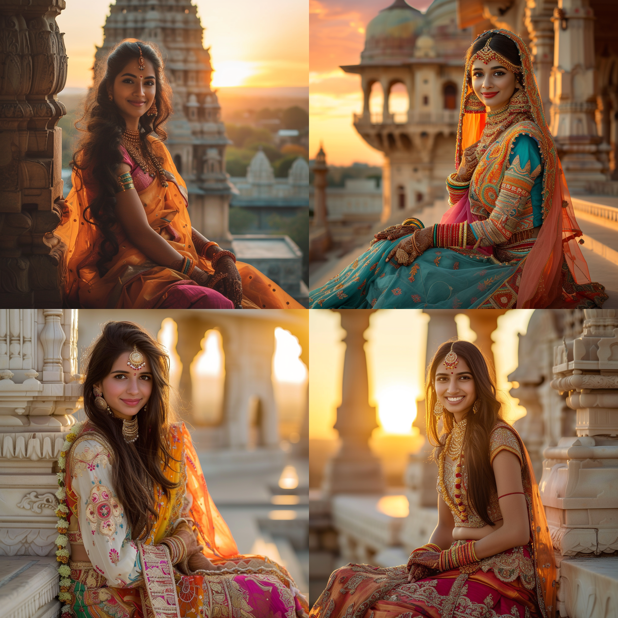 印度美女，穿着华丽的传统服饰，身披明亮的色彩，优雅地坐在室外的寺庙前。背景是壮丽的印度建筑，夕阳的余晖照亮了整个场景。她微笑着，眼神中透露出自信和魅力。传统与现代的结合，突显了她的独特之处。自然光线下，捕捉到了她的优雅动作和细腻的面部表情，展现了她的魅力和灵魂。印度文化，色彩斑斓，自信，魅力，优雅，夕阳，寺庙，传统服饰。