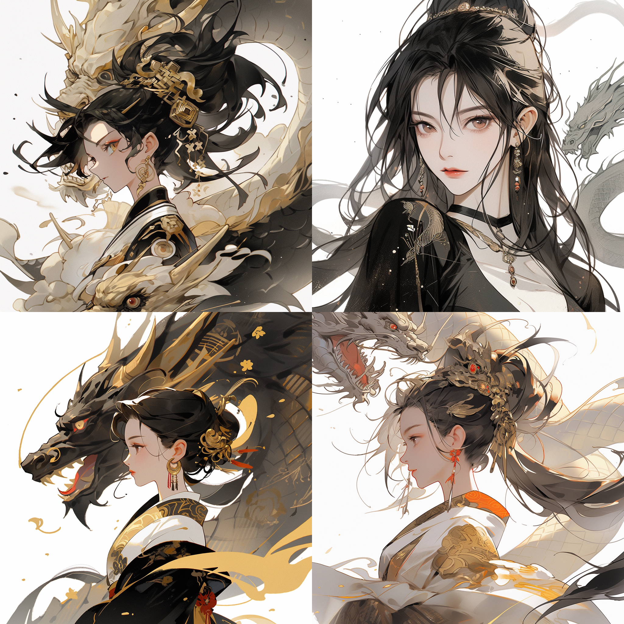 传统中国少年，黑金配色，高级，白色背景，中国传统龙盘旋，极简主义风格，8k，端正姿势，清晰细节，柔和光线，庄重肃穆，自信坚毅。面部线条细腻