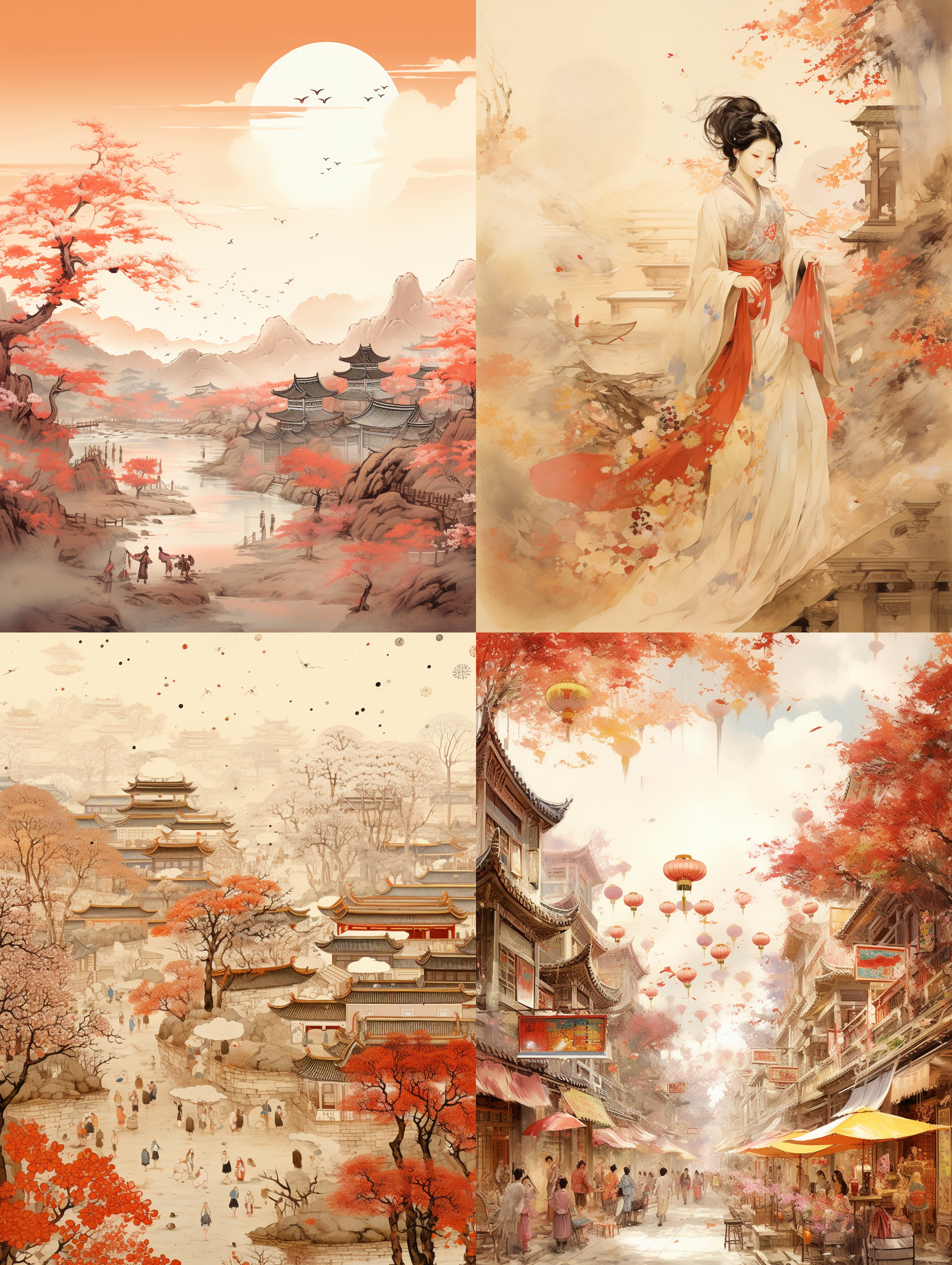 中国传统风景，古代城镇街道，春节庆祝活动，鞭炮烟花，红色灯笼，东方山水画，具有美感和诗意，宣纸纹理，浅黄色背景，细线纹理，具有中国艺术特点，宋代风格，水墨插图。