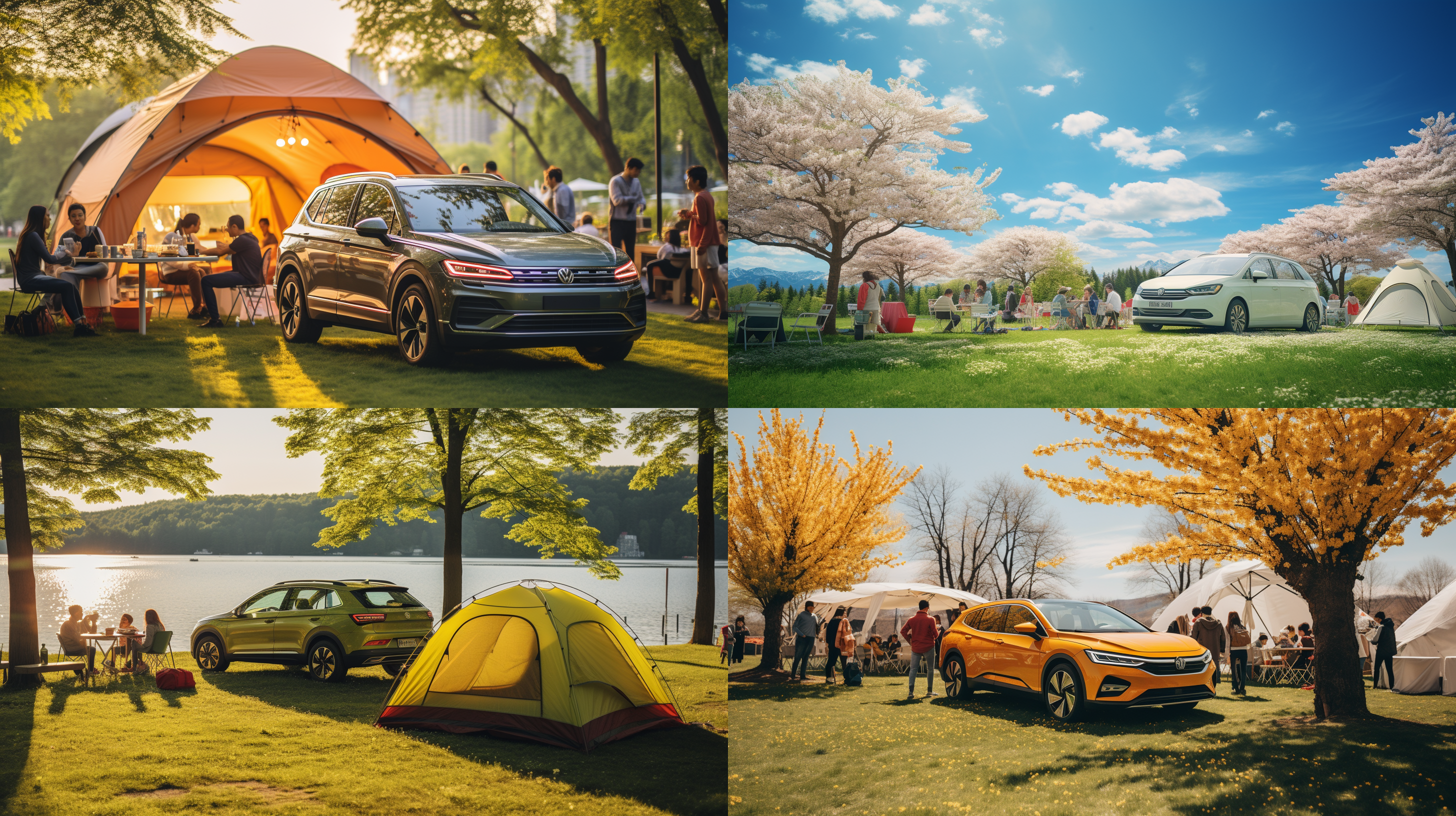 明媚的春天，上汽大众id.4 x在草地上，爸爸妈妈搭帐篷，小孩子欢快奔跑。景色优美，广角镜头，高清画质，柔和光线，自然风光。活力四溢，明亮色调，家庭团聚，幸福时刻。帐篷与汽车形成对角线布局，突出主题。