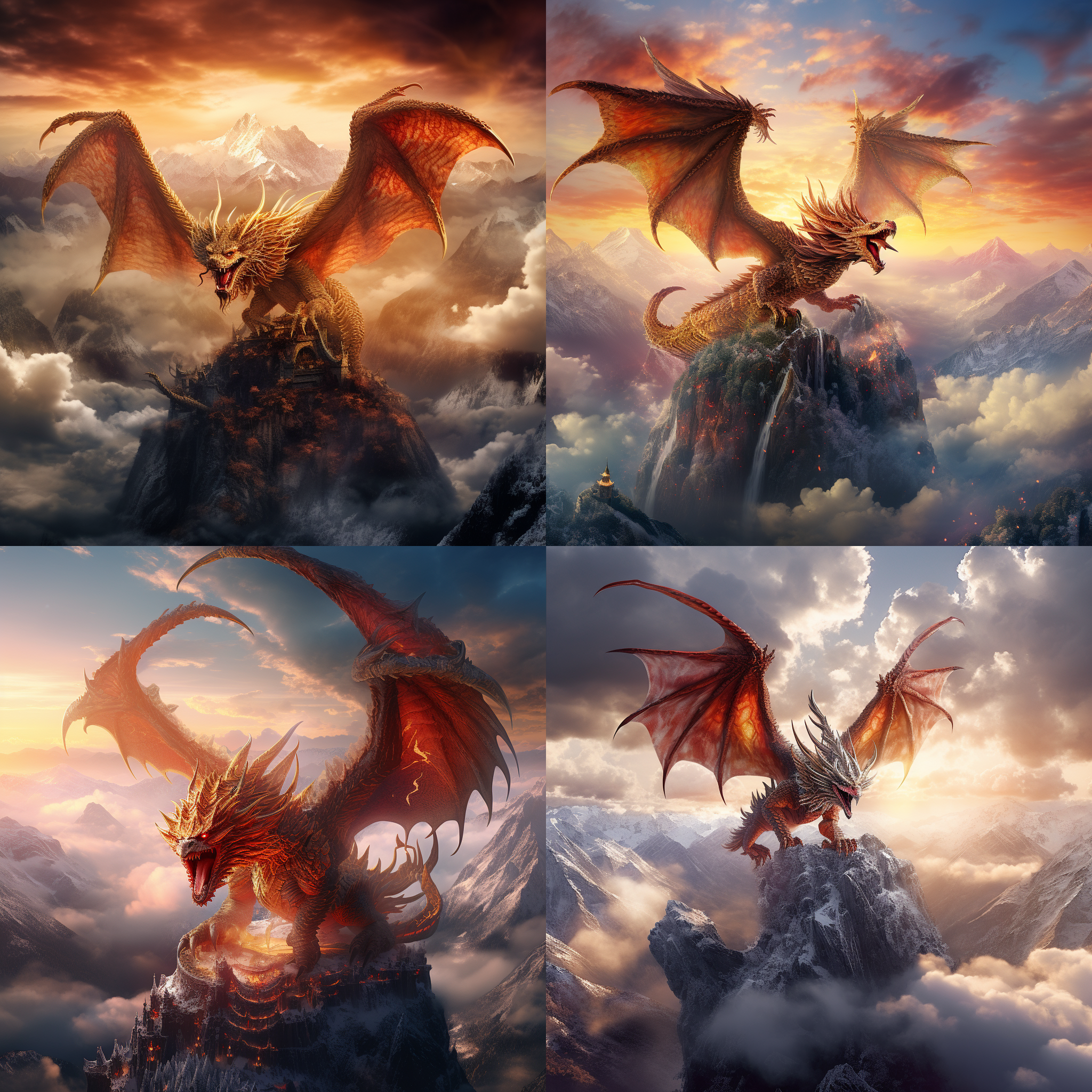 龙飞翔于云海之间，壮丽的山脉作为背景。构图对称，以龙为中心，带有长焦镜头的鸟瞰视角。光线明亮，反射在龙鳞上，展现出神秘的氛围。龙张开巨大的翅膀，展示着力量与自由。颜色鲜艳，以红色和金色为主，传达着威严与神圣。 prompt.龙飞翔，云海，山脉，对称构图，鸟瞰视角，长焦镜头，明亮光线，神秘氛围，巨大翅膀，力量与自由，鲜艳颜色，威严与神圣。