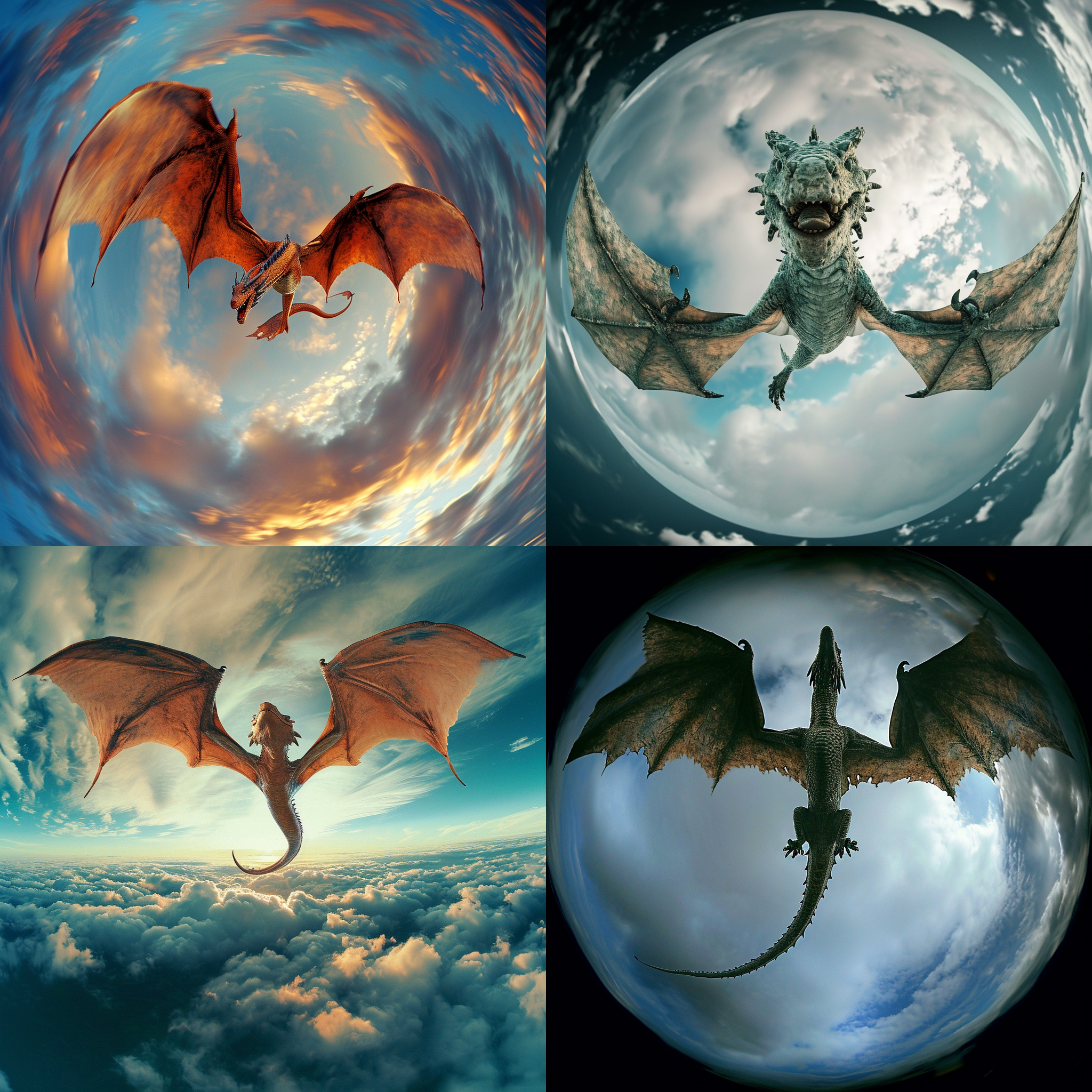 飞龙在天，独自翱翔，身姿优雅。图像构图对称，背景云海绵延至远方。使用鱼眼镜头拍摄，色彩鲜艳，光线柔和，展现神秘的气氛。龙张开双翼，犹如凌空飞翔，给人一种力量与自由的感觉。