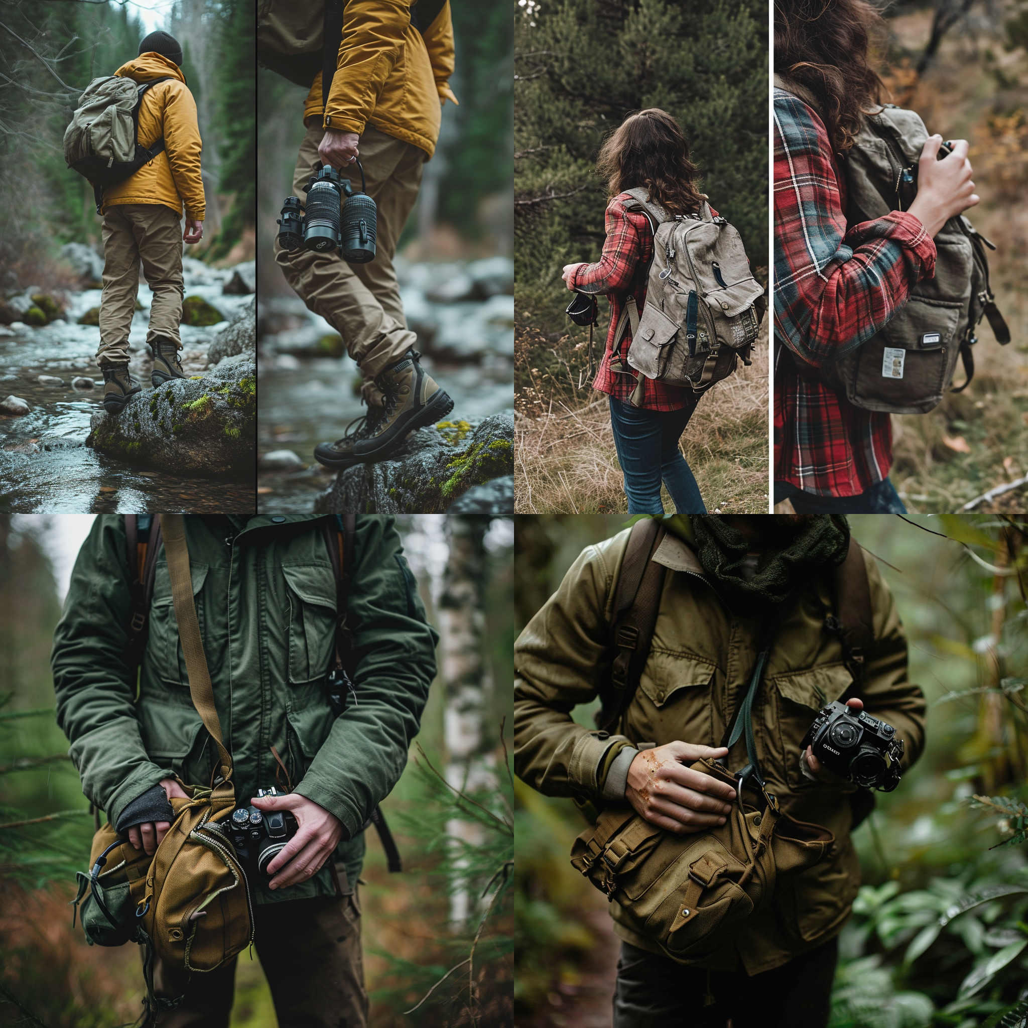 户外爱好者，手持装备，静态，自然光，葱郁野外环境，左右构图，高画质，现实感，提着一袋装备，露营装备，手侧身对着镜头，面对镜头的手自然下垂，画面清晰明亮，细节丰富。