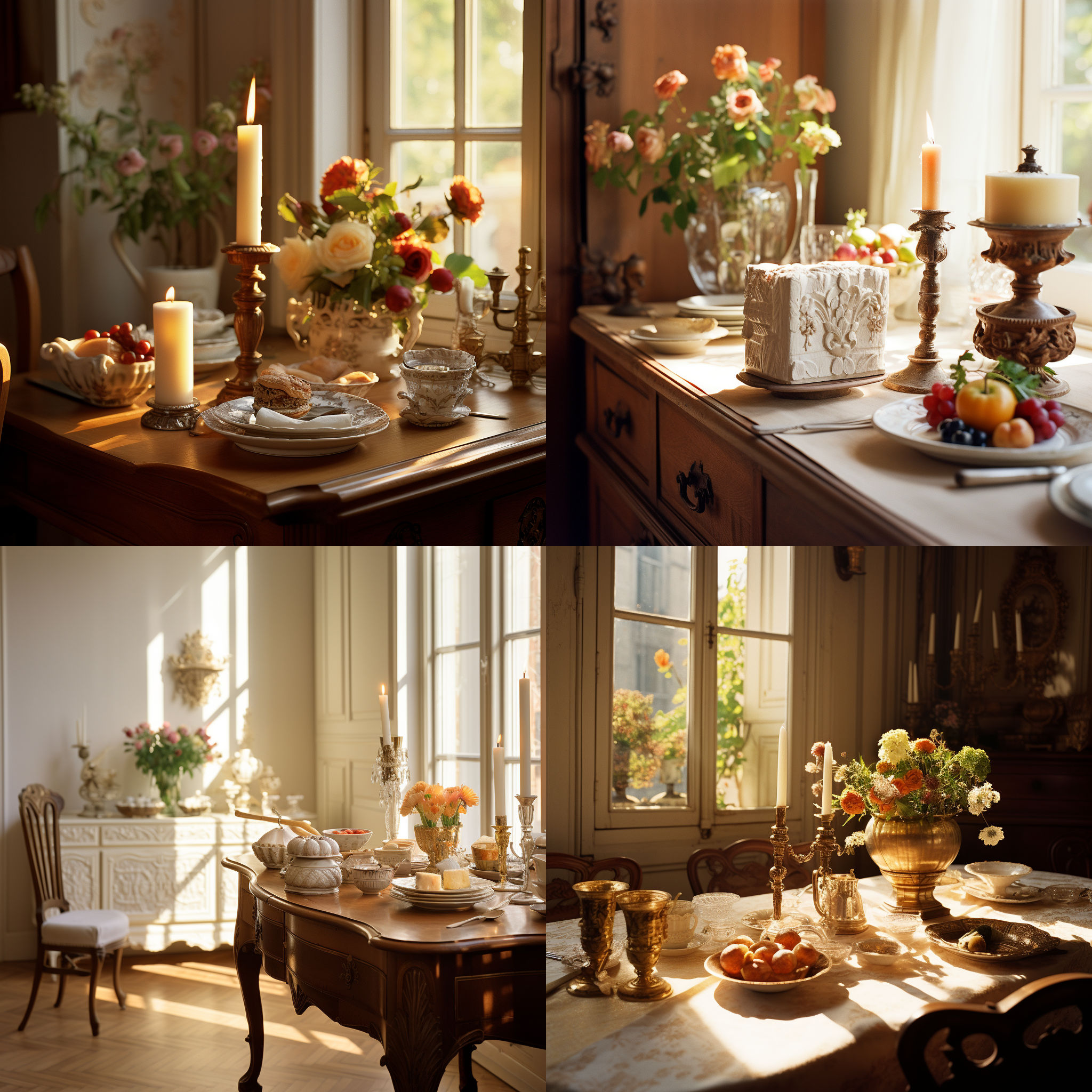 餐桌桌角特写，丰盛食物和鲜花烛台点缀，木制地板与餐边柜相映成趣，米白色浮雕白墙营造温馨氛围。明亮的落地窗投射柔和光线，展现细节纹理。细致构图，自然环境，广角镜头，饱和色彩，温暖情感，静谧氛围。