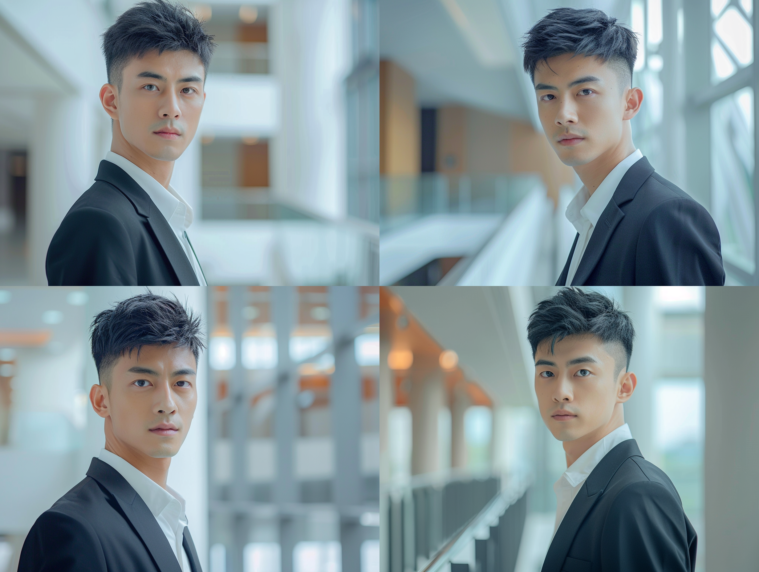 30岁中国男子，年轻英俊，黑色短发，都市精英，面容精致，身材高壮，黑色西装，白衬衫，室内背景，长焦镜头，正脸，高清16k，明亮色调，细节丰富，高对比度，侧光，静谧氛围，柔和光线，贵族姿态，优雅氛围，静谧表情，细腻皮肤质感。 贵族风