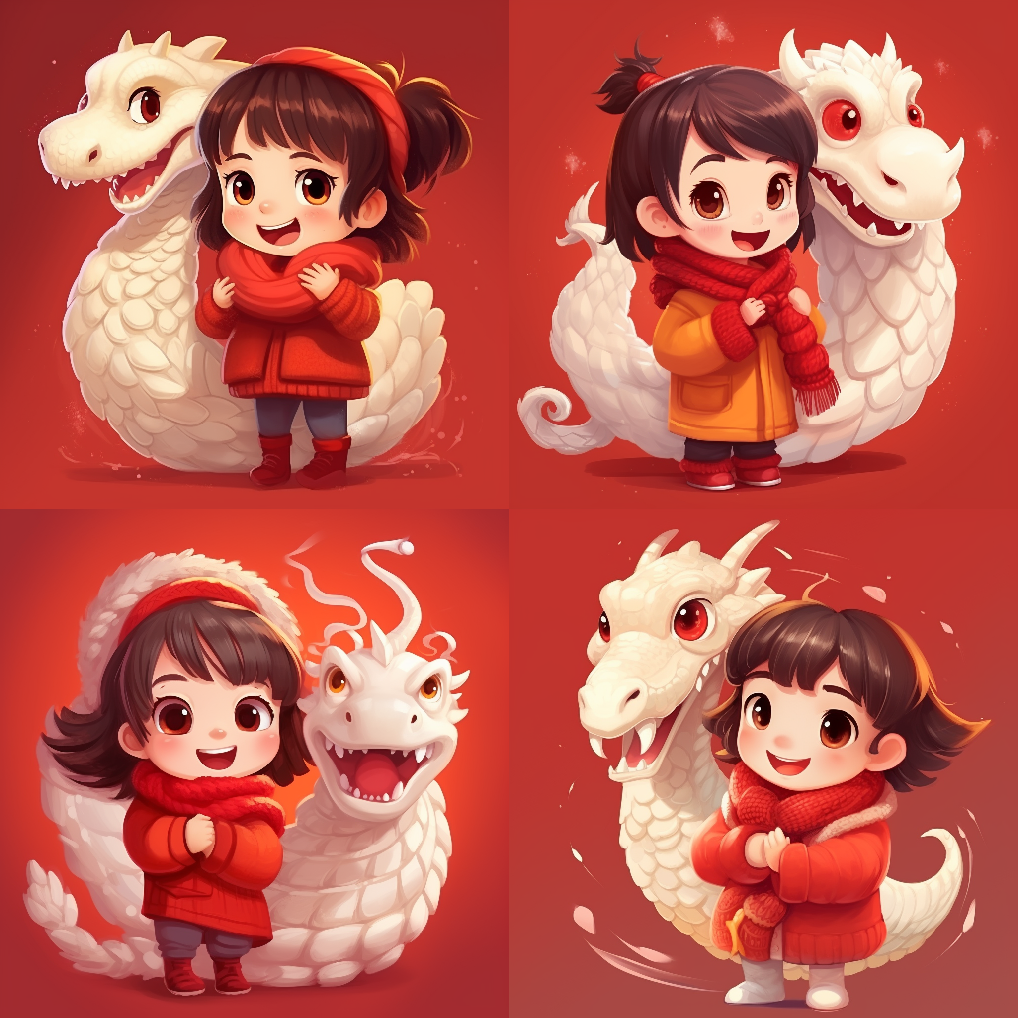 可爱的中国龙与小女孩，皮克斯风格，白色毛线衣，红色羊毛围巾，同样的祝贺动作，红色背景，喜庆。