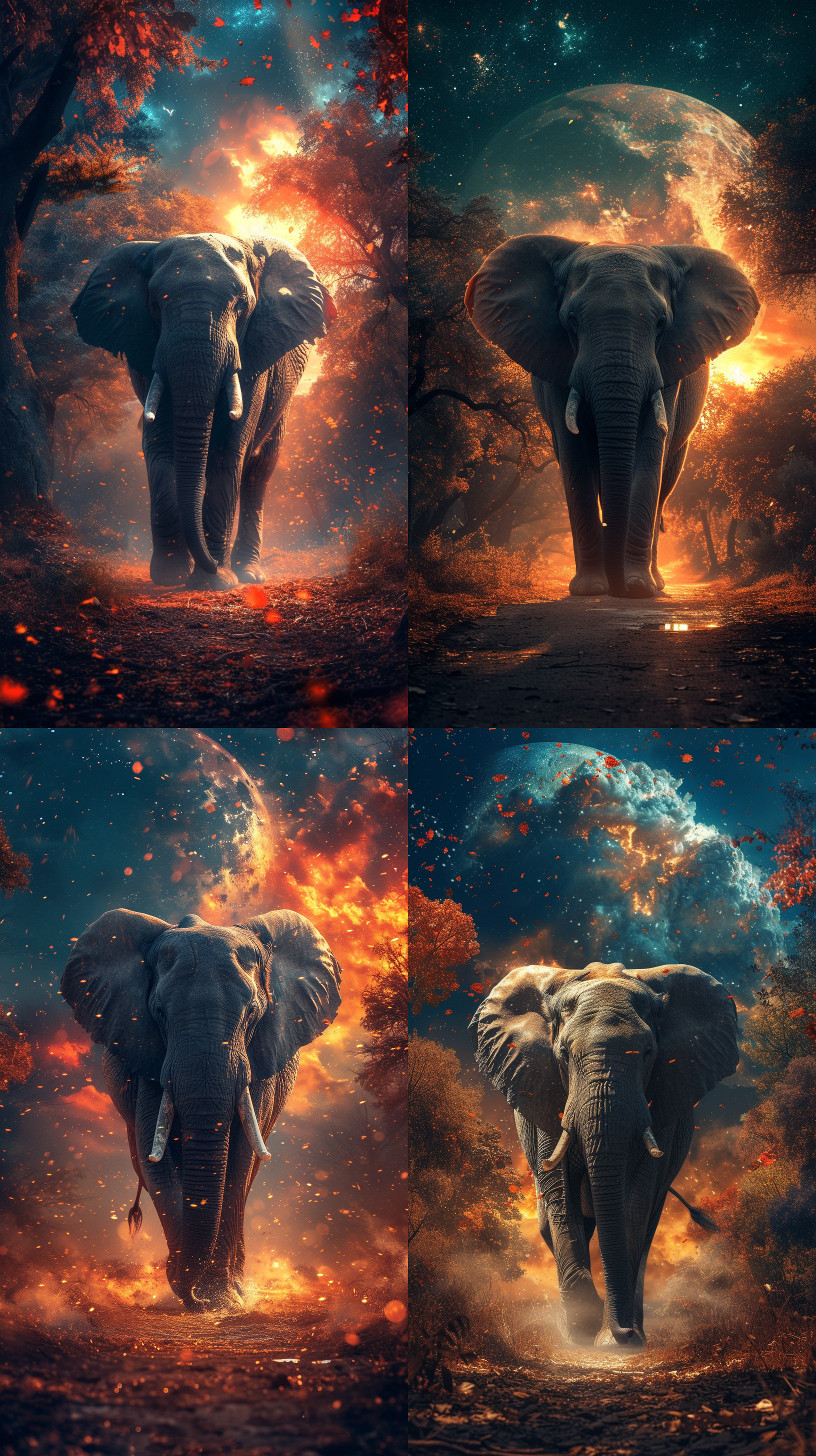 大象从远处走过来，背景宏大，色彩艳丽，海报风格，瞬间捕捉，威猛，激情四溢