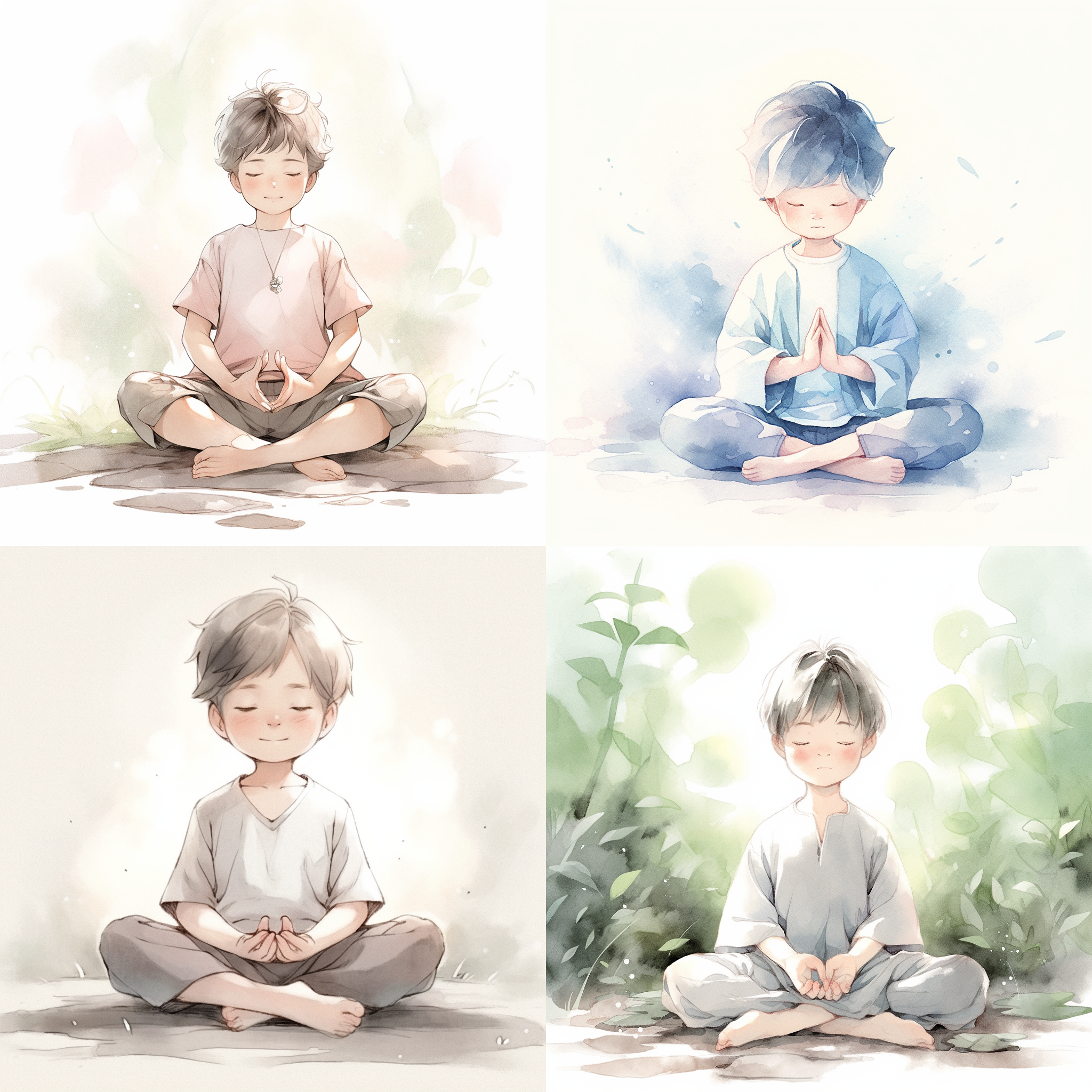 小男孩打坐，简约服饰，盘腿坐姿，水彩风格，柔和光线，静谧氛围，专注表情，自然肖像，纯净色调，平静。