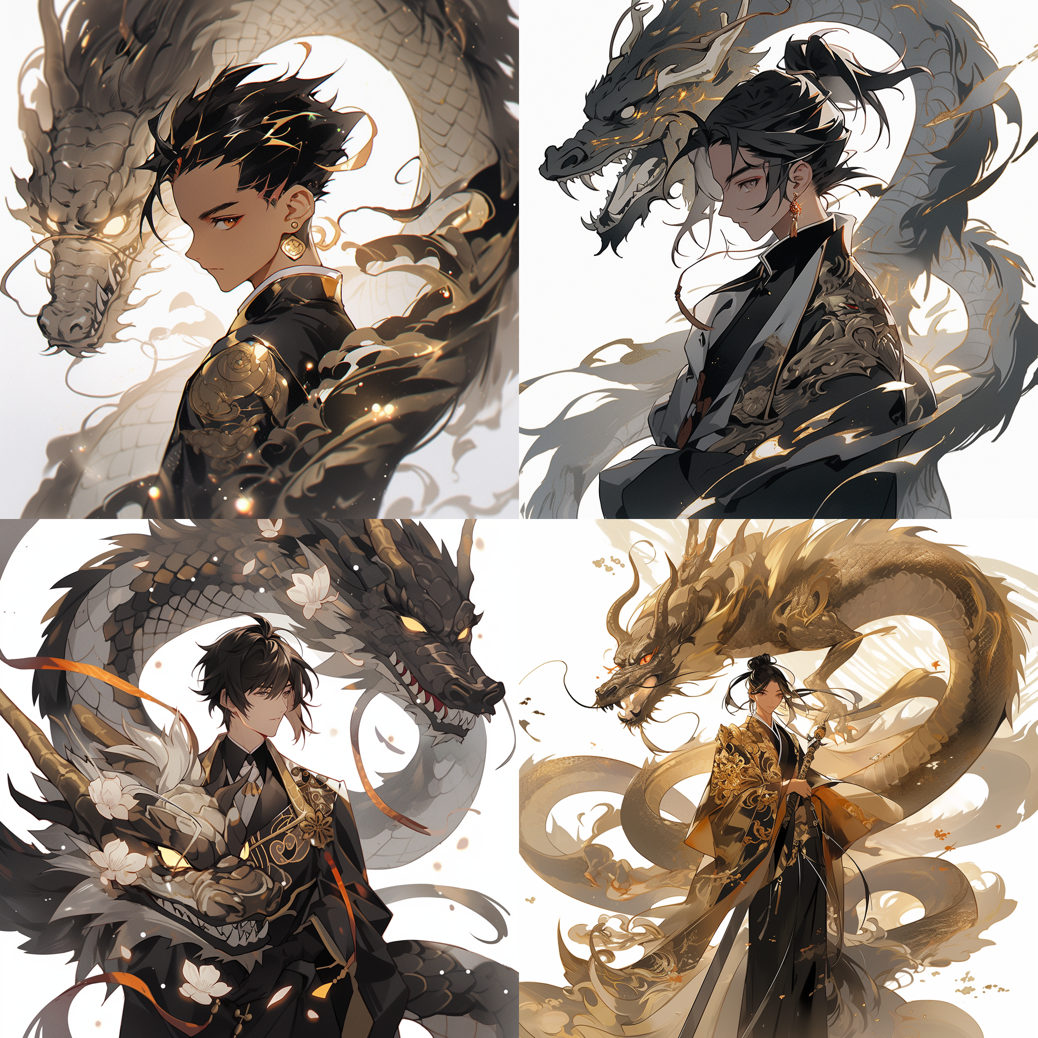 传统中国男少年，黑金配色，高级，白色背景，中国传统龙盘旋，极简主义风格，8k，端正姿势，清晰细节，柔和光线，庄重肃穆，自信坚毅。面部线条细腻
