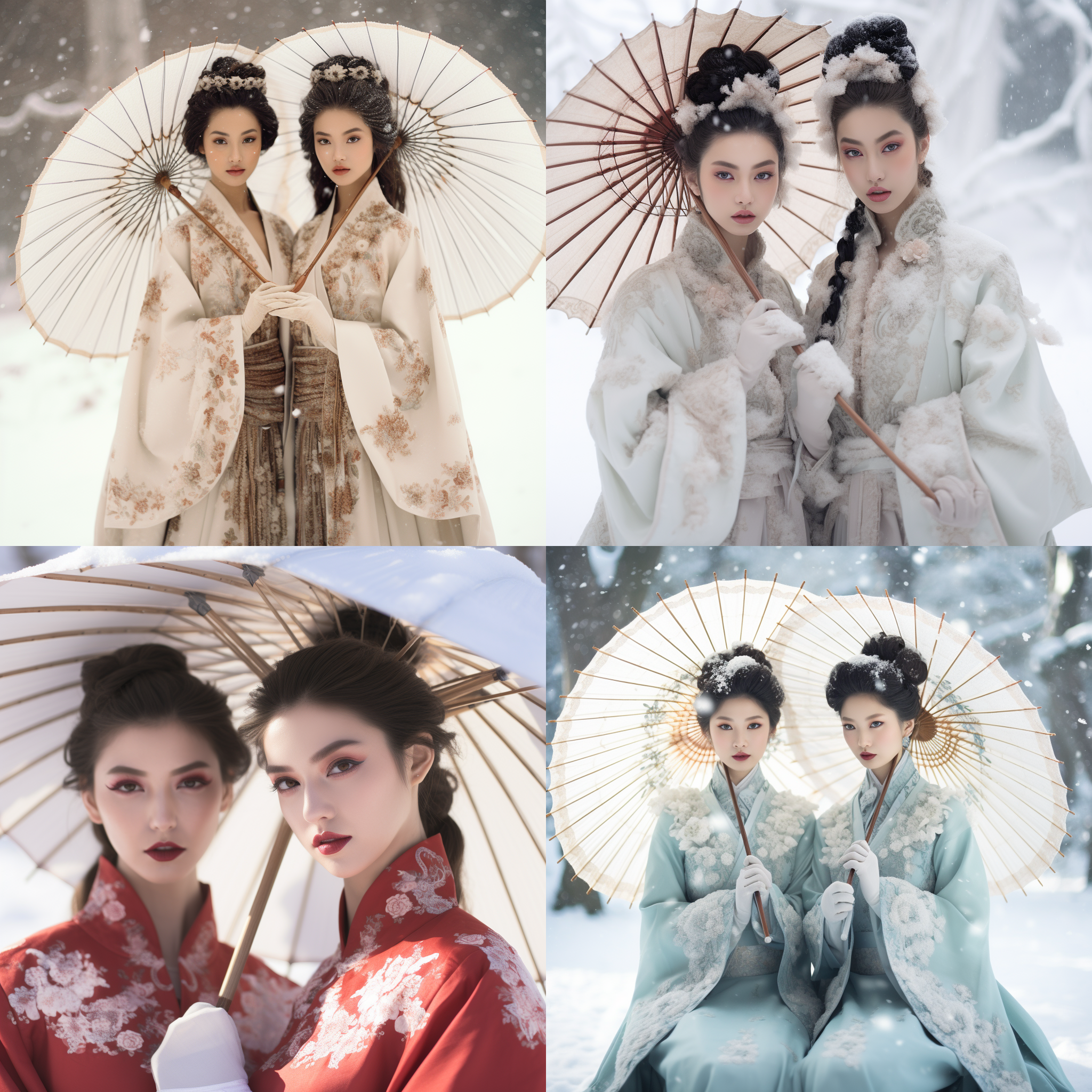 中国风美人婀娜多姿地打着伞，站在雪中。构图对称，古典东方风格，大气磅礴的山水背景，轻柔色调，长焦镜头，逆光，静态，优雅。