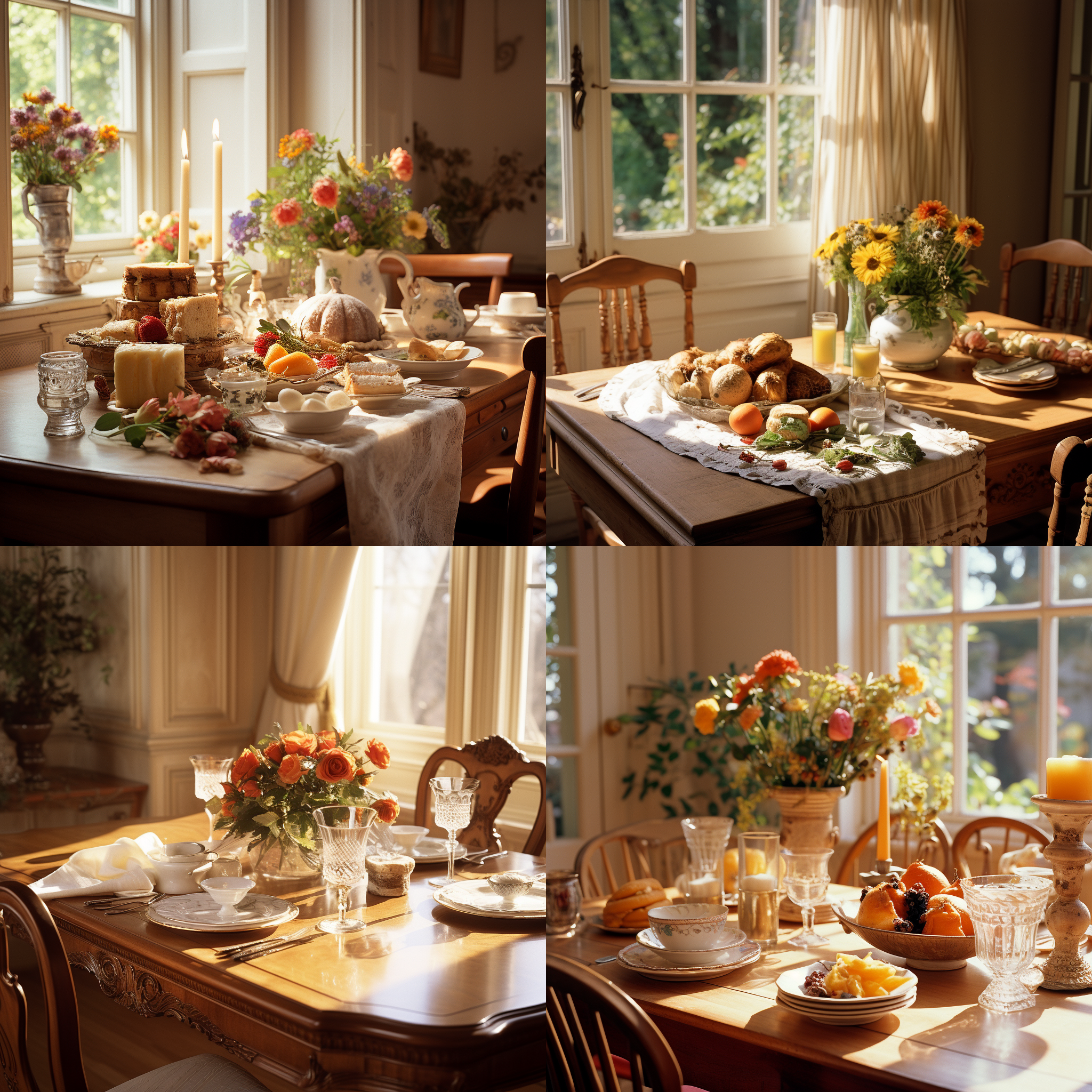 美式木制餐桌桌角特写，丰盛食物和鲜花烛台点缀，木制地板与餐边柜相映成趣，米白色浮雕白墙营造温馨氛围。明亮的落地窗投射柔和光线，展现细节纹理。细致构图，自然环境，广角镜头，能看到整个桌子，饱和色彩，温暖情感，静谧氛围。