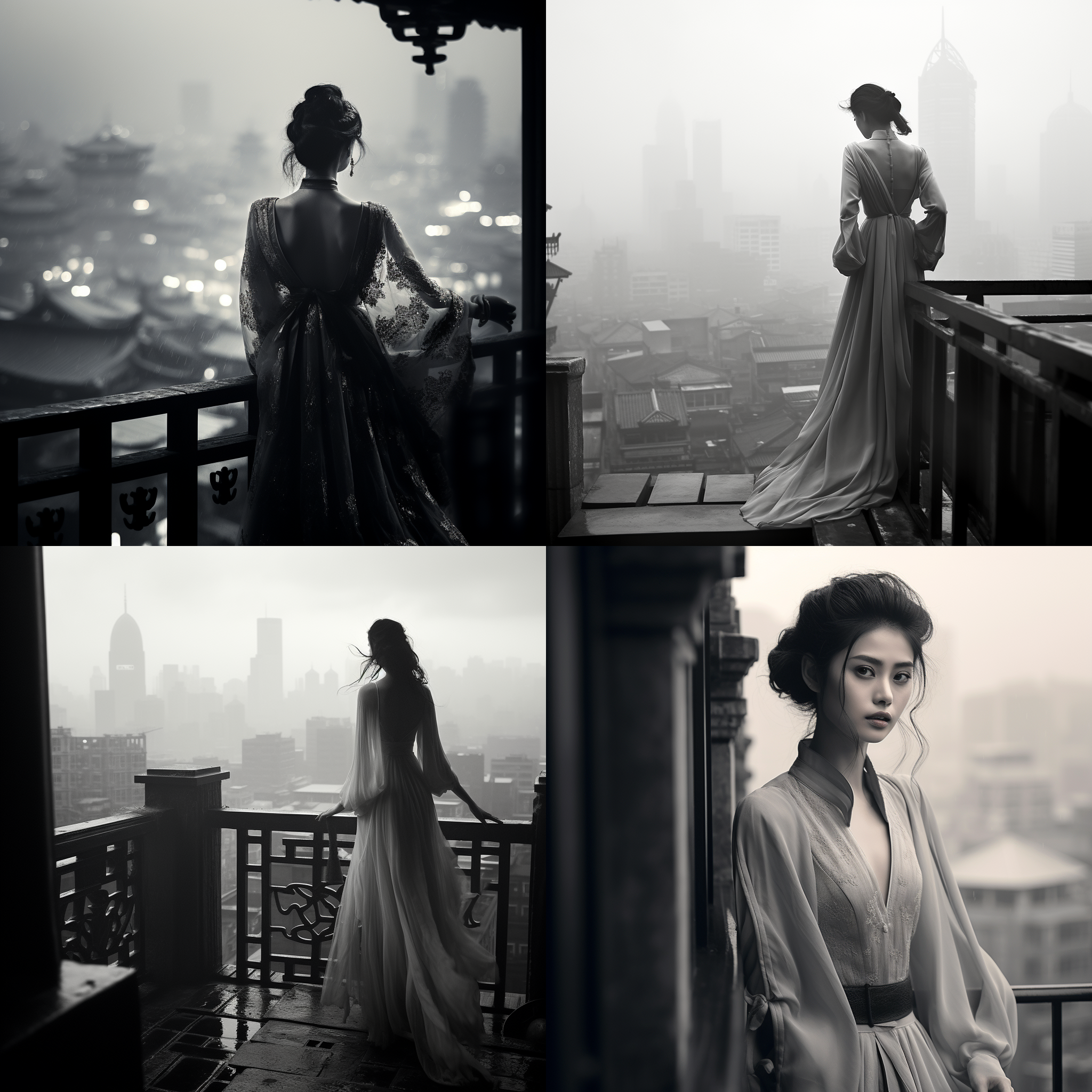 中国古代美女，下雨天，站在城楼上等待将军凯旋而归。构图精美，远景呈现整个城市的壮丽景象。黑白风格，细腻纹理，长焦镜头，柔和侧光，优雅动作，飘逸的衣袂，婀娜多姿的身材，复古色调，深情神态，期待与渴望。
